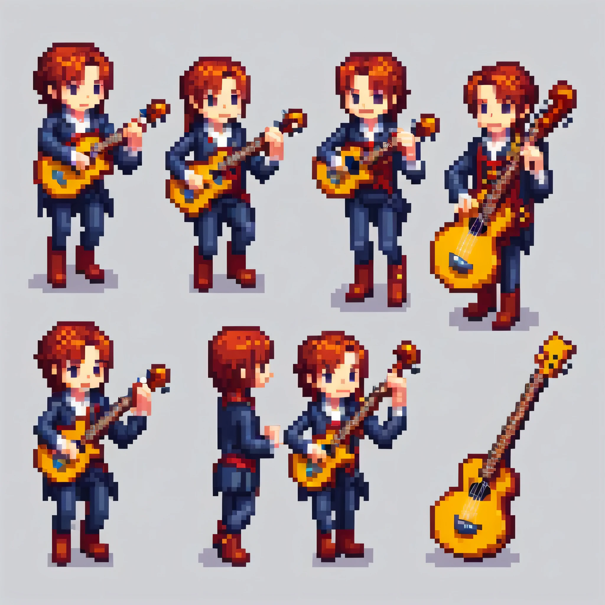 Pixel art,Pixel art,concert,musical instrumentをplay人たち,musical instrument,bard,Note,sing,play,((3 views,whole body, background,multiple views,High resolution)),multiple views,multiple poses,Active,action pose,dynamic,nice,cute,masterpiece,highest quality,In detail,Gracefully,RPG,Famicom,multiple characters,multiple costumes,Final Fantasy,boldly,effect icon,Item Icon,guitar,drum,transverse flute,flute,Horn,saxophone,ukulele,double bass,ステージのbackground