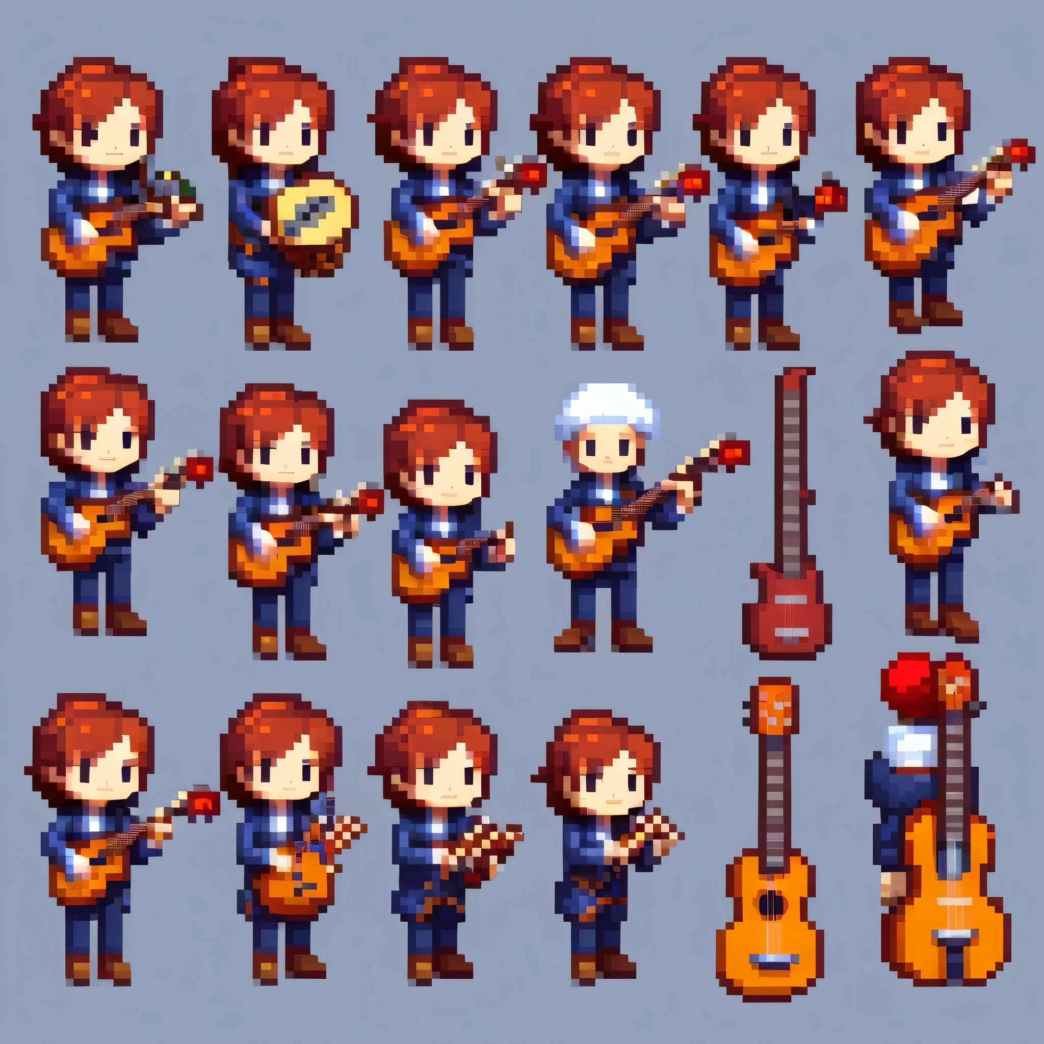 Pixel art,Pixel art,musical instrumentをplay人たち,musical instrument,bard,Note,sing,play,((3 views,whole body, background,multiple views,High resolution)),multiple views,multiple poses,Active,action pose,dynamic,nice,cute,masterpiece,highest quality,In detail,Gracefully,RPG,Famicom,multiple characters,multiple costumes,Final Fantasy,boldly,effect icon,Item Icon,guitar,drum,transverse flute,flute,Horn,saxophone,ukulele,double bass