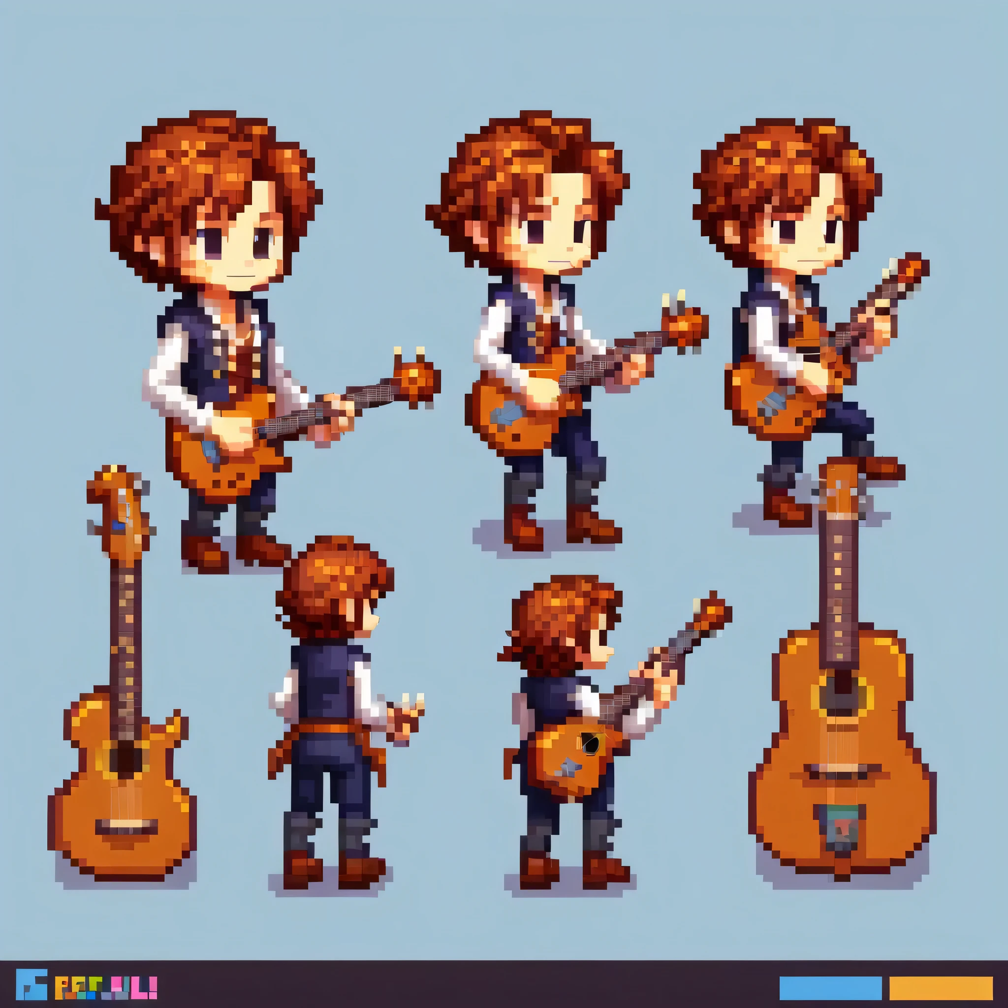 Pixel art,Pixel art,Create an original character design sheet,main character of the game,boy,juvenile,natural perm,,musical instrument,bard,Note,sing,play,((3 views,whole body, background,multiple views,High resolution)),multiple views,multiple poses,Active,action pose,dynamic,nice,cute,masterpiece,highest quality,In detail,Gracefully,RPG,Famicom,multiple characters,multiple costumes,Final Fantasy,boldly,effect icon,Item Icon,guitar,drum,transverse flute,flute,Horn,saxophone,ukulele,double bass