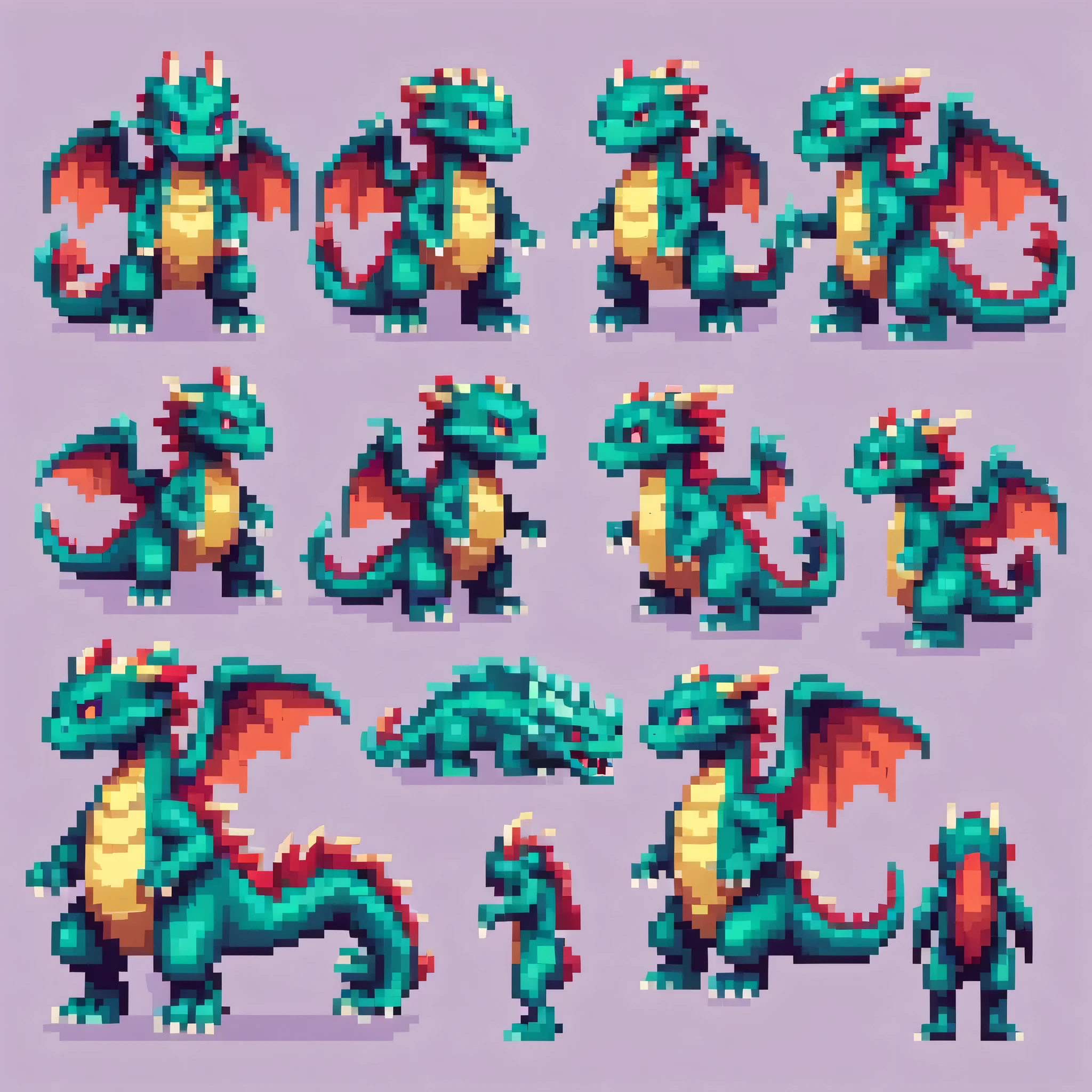 Pixel art,Pixel art,Create a character design sheet,dragon:dragonクエスト:monster:色んな種類のdragonを並べる,((3 views,whole body, background,multiple views,High resolution)),multiple views,multiple poses,Active,action pose,dynamic,nice,cute,masterpiece,highest quality,In detail,Gracefully,RPG,Famicom,multiple characters,multiple costumes,dragonクエスト,boldly,rich colors,colorful