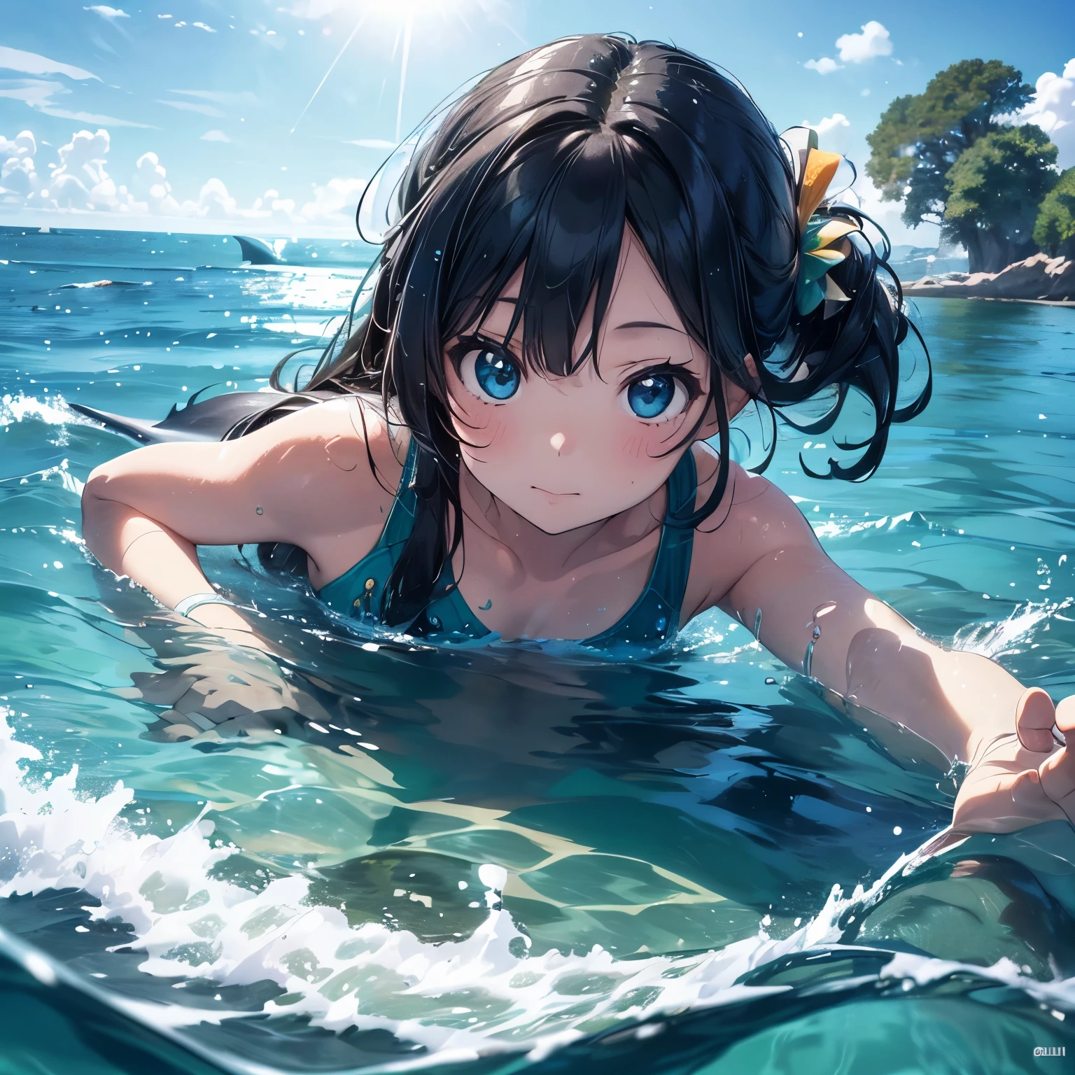 ((Planet solely composed of water, Best Quality, High definition)), From an aerial perspective, A vast expanse of crystal-clear water covers the entire scene., ((Blue-green hues reflect the sunlight)), Woman with long, wavy hair floating gently on the water surface, ((Looking introsively at the horizon)), Serene and tranquil, ((Dolphins jumping gracefully in the distance)), ((Rainbow forming after the rain, adding a vibrant pop of color)), Detailed depiction of fine water droplets, ((Fish swimming skillfully beneath the surface)), Fog gently drifting over the water, ((Realistic underwater ecosystem presented)), Inspired by the art of Yayoi