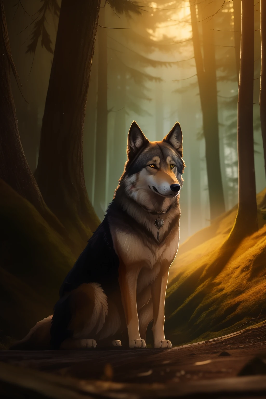In the heart of a mystical forest, a wolf with piercing amber eyes approaches a quaint cabin. Nestled on the outskirts of the wreck, a loyal German Shepherd named Max sits, his attentive gaze fixed on the approaching predator. The cabin, crafted in a Pixar style, boasts an AR 16:9 aspect ratio, its wooden walls adorned with intricate carvings, bathed in the soft glow of lamplight. The atmosphere shifts from tranquil to tense as the wolf steps closer, its reflective eyes glinting in the twilight, while Max's ears perk up, his fur standing on end in preparation