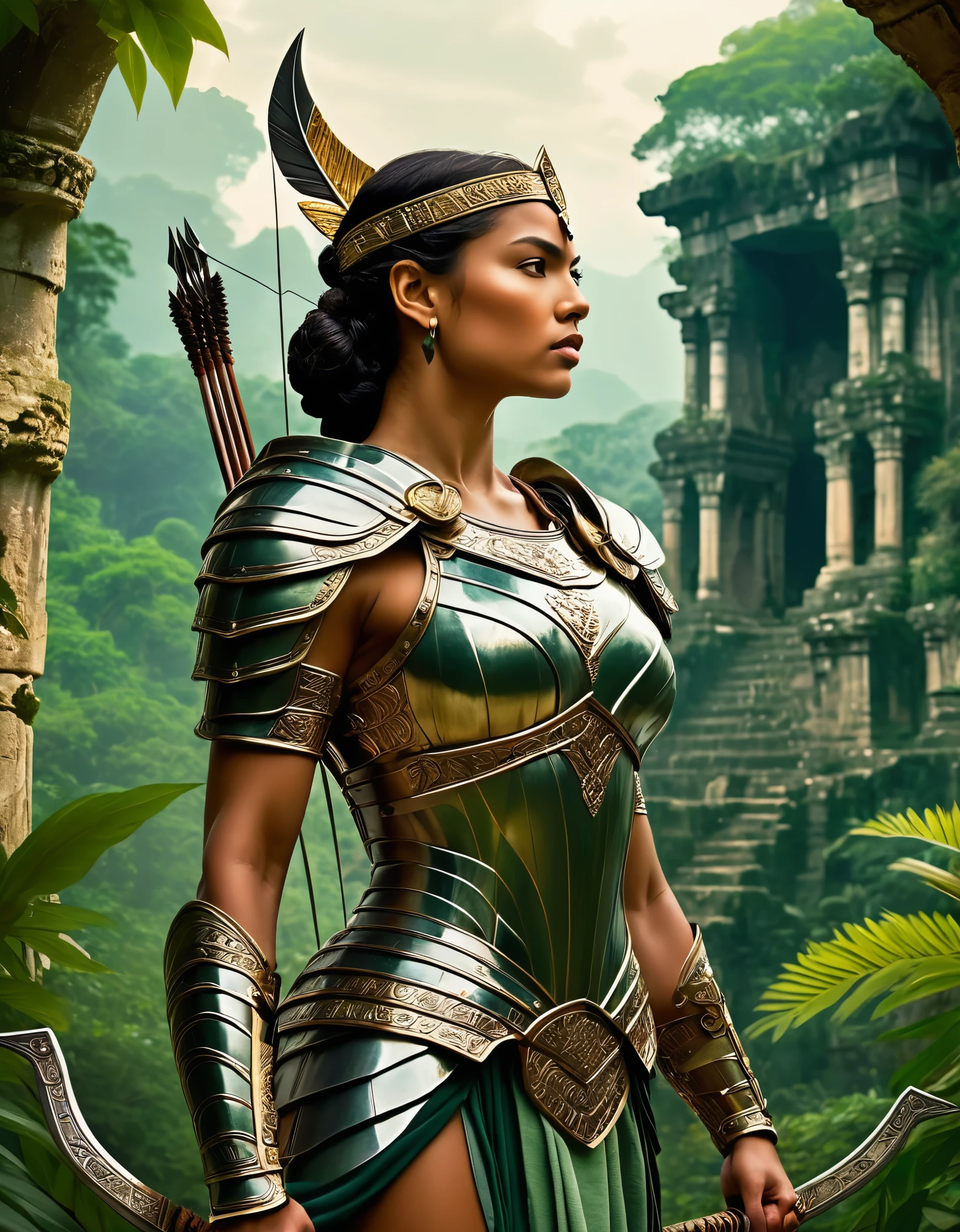 A fierce warrior queen with a steely gaze and a bow slung over her shoulder, set against a backdrop of lush jungles and ancient ruins. Inspired by Classical art, her form is muscular and powerful, with flowing drapery and intricate armor that evoke the grandeur of ancient civilizations.