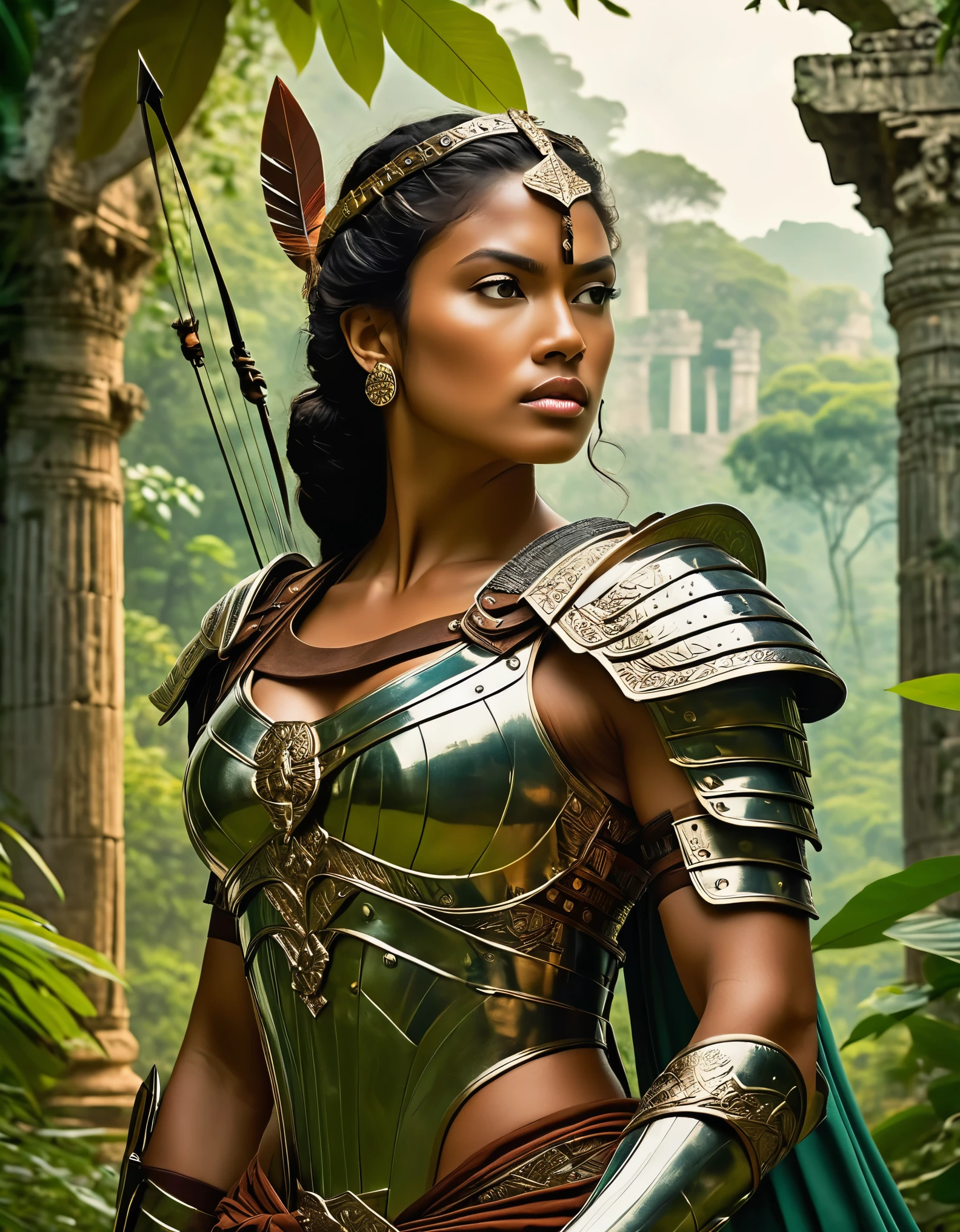 A fierce warrior queen with a steely gaze and a bow slung over her shoulder, set against a backdrop of lush jungles and ancient ruins. Inspired by Classical art, her form is muscular and powerful, with flowing drapery and intricate armor that evoke the grandeur of ancient civilizations.