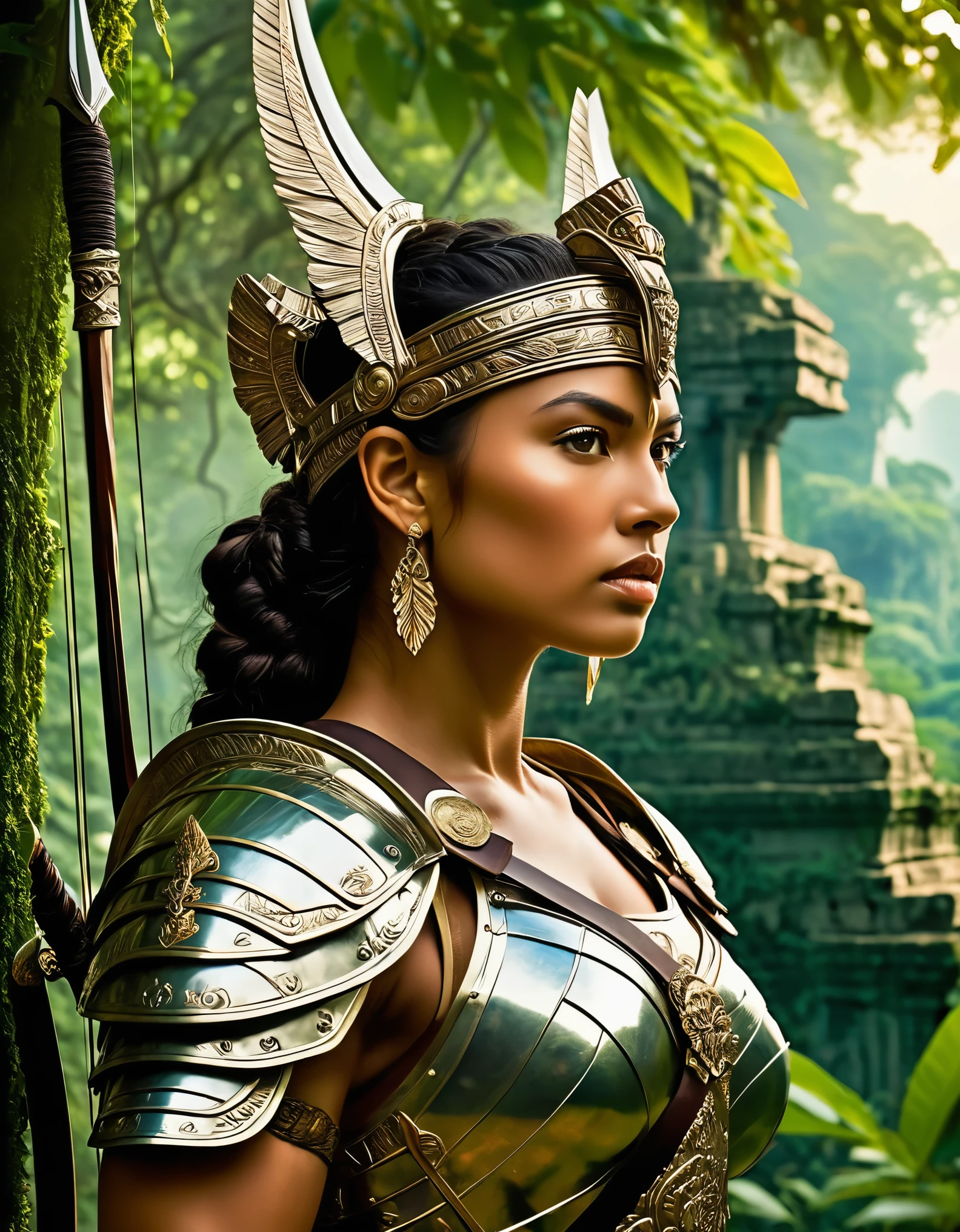 A fierce warrior queen with a steely gaze and a bow slung over her shoulder, set against a backdrop of lush jungles and ancient ruins. Inspired by Classical art, her form is muscular and powerful, with flowing drapery and intricate armor that evoke the grandeur of ancient civilizations.