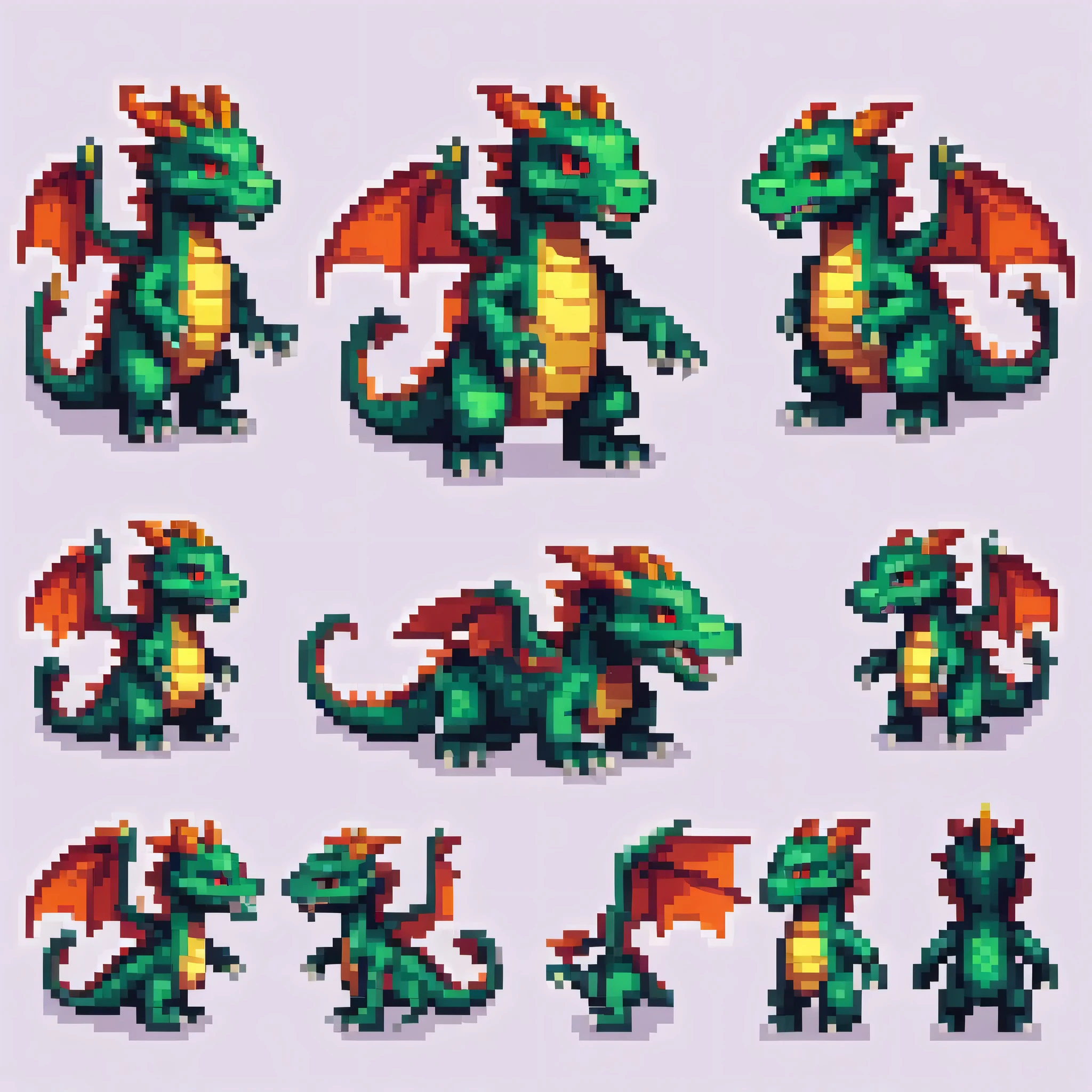 Pixel art,Pixel art,Create a character design sheet,dragon:dragonクエスト:monster:色んな種類のdragonを並べる,((3 views,whole body, background,multiple views,High resolution)),multiple views,multiple poses,Active,action pose,dynamic,nice,cute,masterpiece,highest quality,In detail,Gracefully,RPG,Famicom,multiple characters,multiple costumes,dragonクエスト,boldly,rich colors,colorful