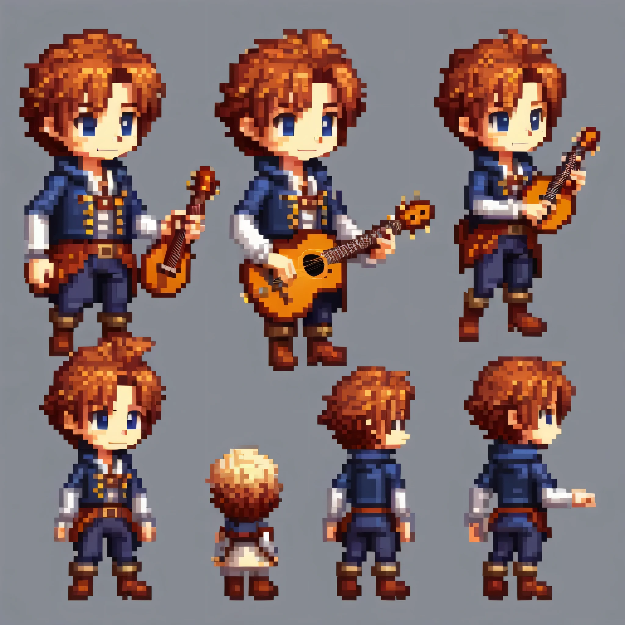 Pixel art,Pixel art,Create an original character design sheet,main character of the game,boy,juvenile,natural perm,,musical instrument,bard,Note,sing,play,((3 views,whole body, background,multiple views,High resolution)),multiple views,multiple poses,Active,action pose,dynamic,nice,cute,masterpiece,highest quality,In detail,Gracefully,RPG,Famicom,multiple characters,multiple costumes,Final Fantasy,boldly,effect icon,Item Icon