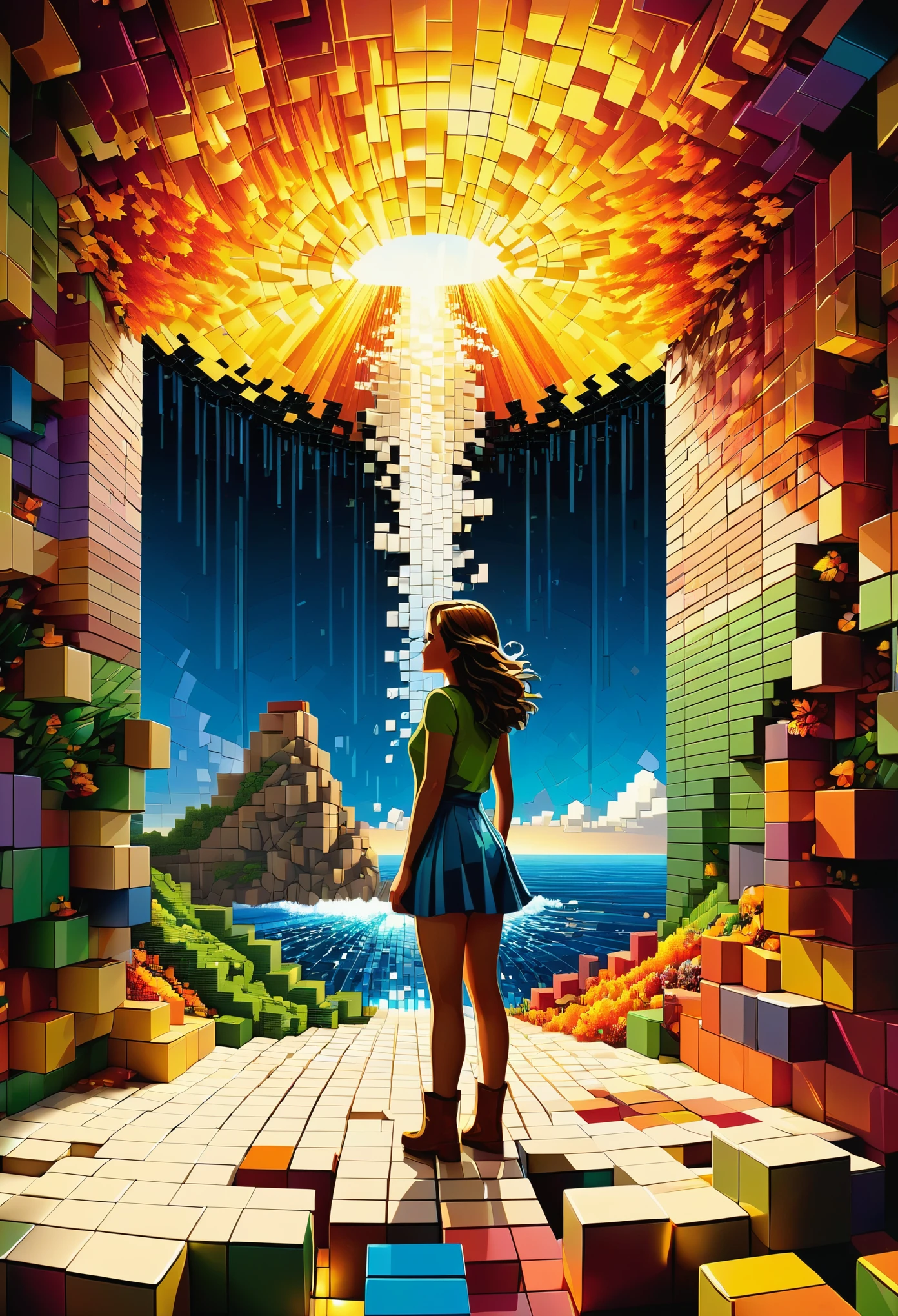 pixel art：1.37，perspective，projection，stack，layered，radioactivity，Fragmentation，lumpy，strength，break out，Fall，Rhythm，building blocks，Inception，chiaroscuro，3D three-dimensional mosaic puzzle，Spliced into a beautiful girl，Shocked，grand scene