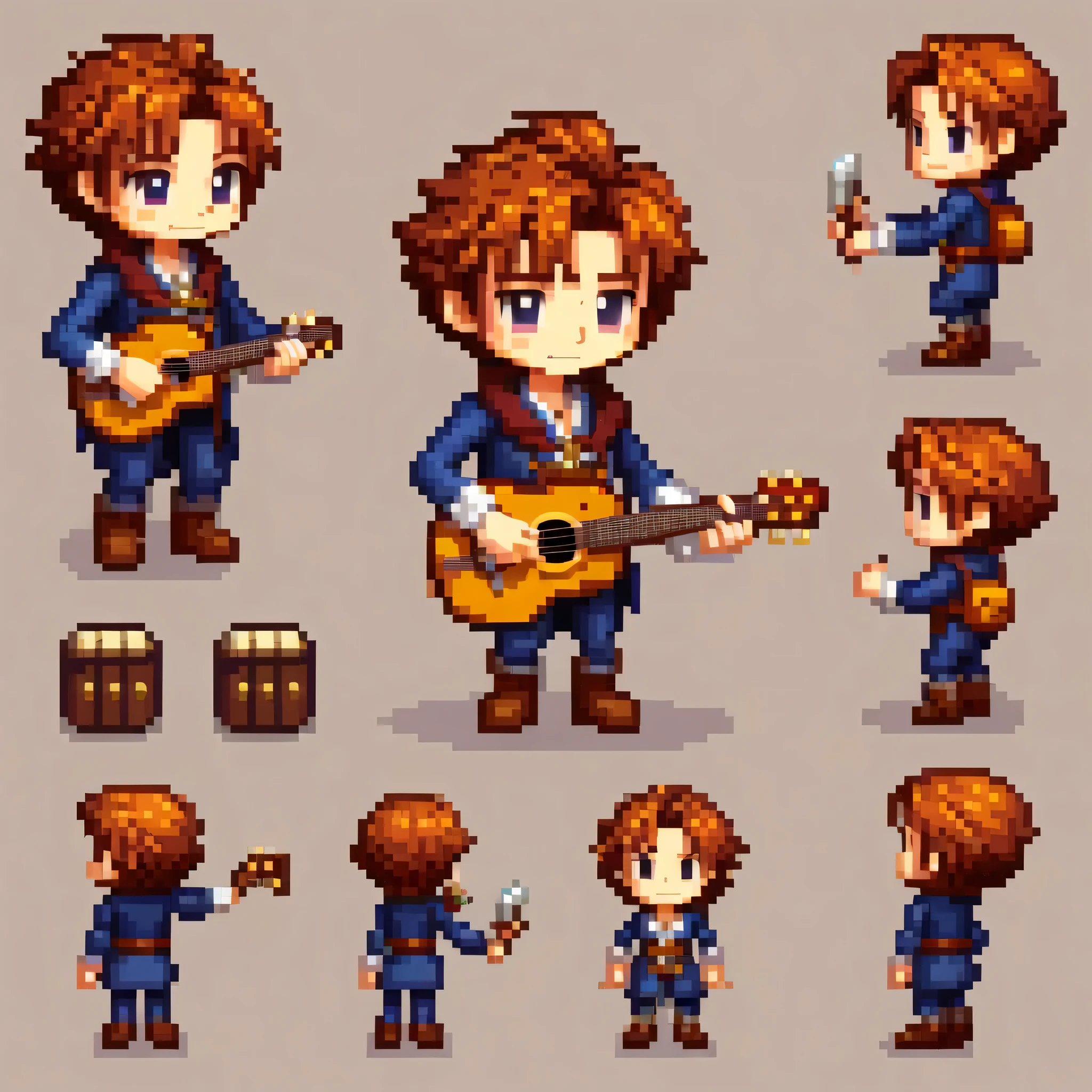 Pixel art,Pixel art,Create an original character design sheet,main character of the game,boy,juvenile,natural perm,,musical instrument,bard,Note,sing,play,((3 views,whole body, background,multiple views,High resolution)),multiple views,multiple poses,Active,action pose,dynamic,nice,cute,masterpiece,highest quality,In detail,Gracefully,RPG,Famicom,multiple characters,multiple costumes,Final Fantasy,boldly,effect icon,Item Icon