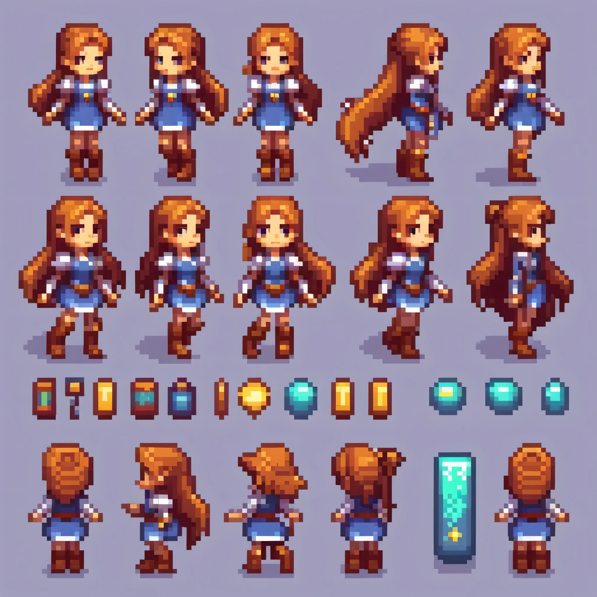 Pixel art,Pixel art,Create an original character design sheet,main character of the game,girl,dancer,long hair,dance,Note,,((3 views,whole body, background,multiple views,High resolution)),multiple views,multiple poses,Active,action pose,dynamic,nice,cute,masterpiece,highest quality,In detail,Gracefully,RPG,Famicom,multiple characters,multiple costumes,Final Fantasy,boldly,effect icon,Item Icon