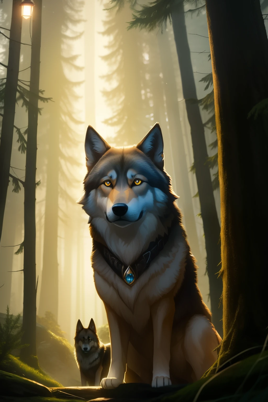 In the heart of a mystical forest, a wolf with piercing amber eyes approaches a quaint cabin. Nestled on the outskirts of the wreck, a loyal German Shepherd named Max sits, his attentive gaze fixed on the approaching predator. The cabin, crafted in a Pixar style, boasts an AR 16:9 aspect ratio, its wooden walls adorned with intricate carvings, bathed in the soft glow of lamplight. The atmosphere shifts from tranquil to tense as the wolf steps closer, its reflective eyes glinting in the twilight, while Max's ears perk up, his fur standing on end in preparation