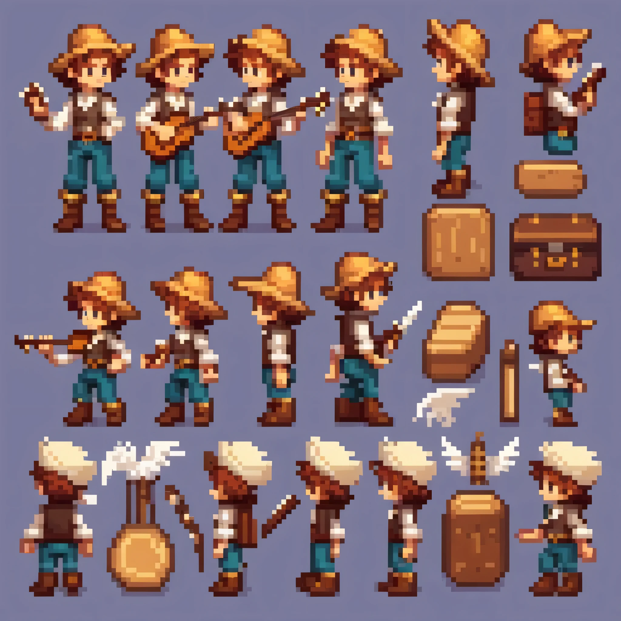 Pixel art,Pixel art,Create an original character design sheet,main character of the game,boy,juvenile,adventurer&#39;clothing,natural perm,hat with feathers,musical instrument,bard,Note,sing,play,((3 views,whole body, background,multiple views,High resolution)),multiple views,multiple poses,Active,action pose,dynamic,nice,cute,masterpiece,highest quality,In detail,Gracefully,RPG,Famicom,multiple characters,multiple costumes,Final Fantasy,boldly,effect icon,