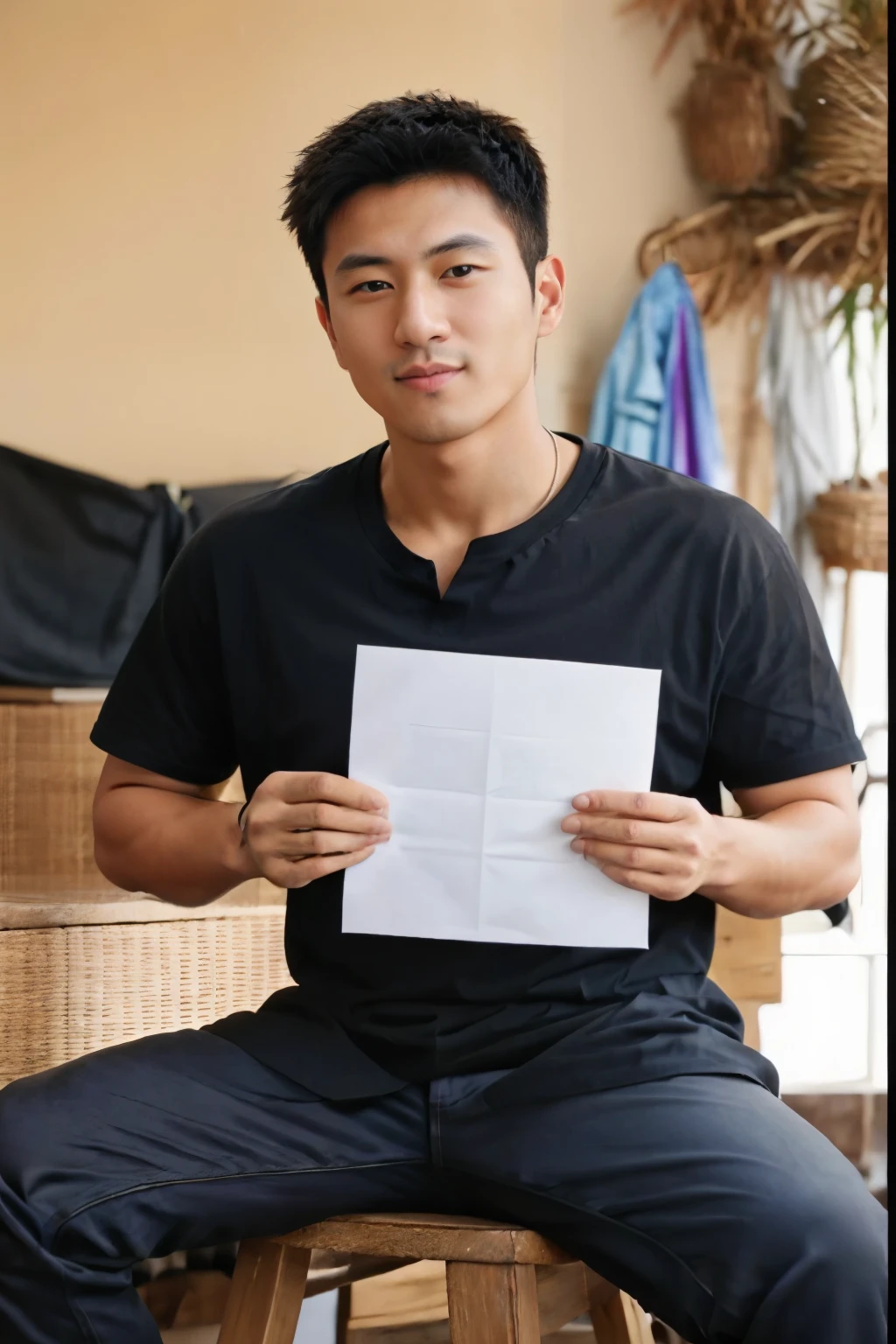 arafed man sitting on a stool holding a piece of paper, wearing a black shirt, he is wearing a black t-shirt, asian male, a handsome man,black short hair, handsome man, wearing white shirt, wearing a black t-shirt