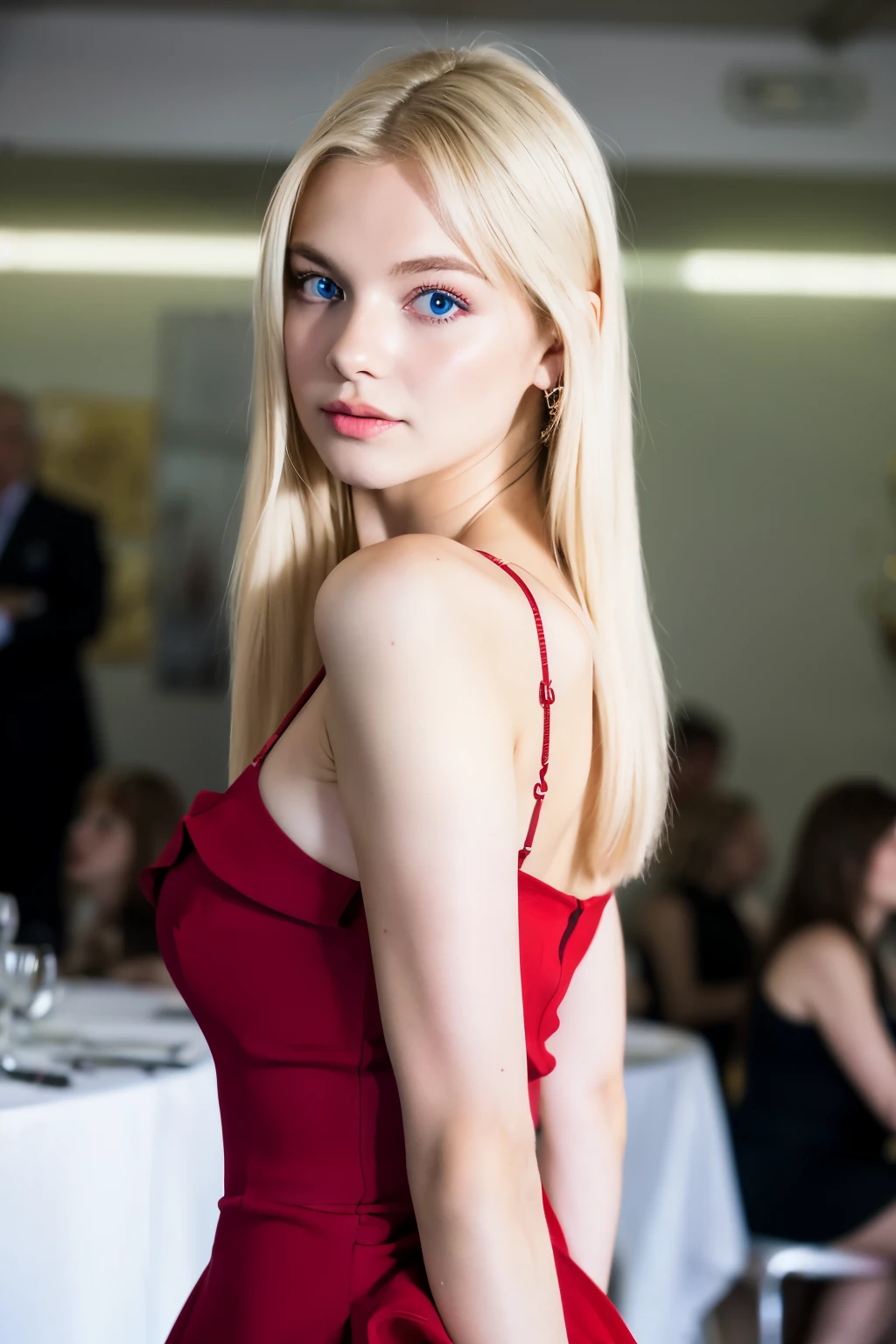 A YOUNG BLONDE WOMAN, 19 YEARS OLD, LONG WHITE HAIR, BLUE EYES, LONG RED HIGH-END DRESS, IN A BUSY BALLROOM. UHD 3D 8K), ((obra de arte)), (detalhado), rosto perfeito
