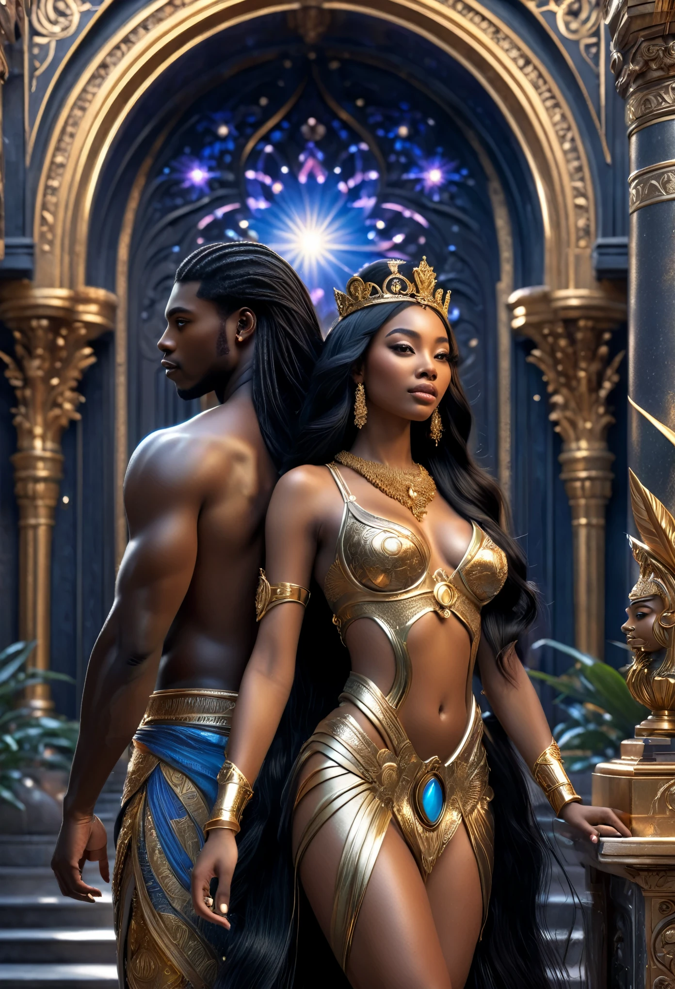 Novel in futurist kingdom of Kongo, a beautiful young darkskin couple with (((a long black hair young queen))) with (((a young imperial king with long black hair))), with desire, hot couple, (((very beautiful))), perfect faces, whole body, romantic scene, romantic Way, sexy couple, 8K, extremely detailed, (high quality, realistic, photorealistic: 1.37), Full body, ideal proportions and defined complexion, meticulously crafted features, unreachable beauty, perfection, artistic masterpieces, vivid realism, hyper-detailed sculptures, life-like forms, truly awe-inspiring, impeccable craftsmanship, pure radiance, ethereal beauty, delicate contours, striking poses, sublime beauty, subtle nuances, dynamic compositions, vibrant colors, perfect lighting, soulful expressions, celestial aura, majestic presence, dreamlike atmosphere, unmatched gdetailed octane render trending on artstation, 8 k artistic photography, photorealistic concept art, soft natural volumetric cinematic perfect light, chiaroscuro, award - winning photograph, masterpiece, oil on canvas, beautiful detailed intricate insanely
