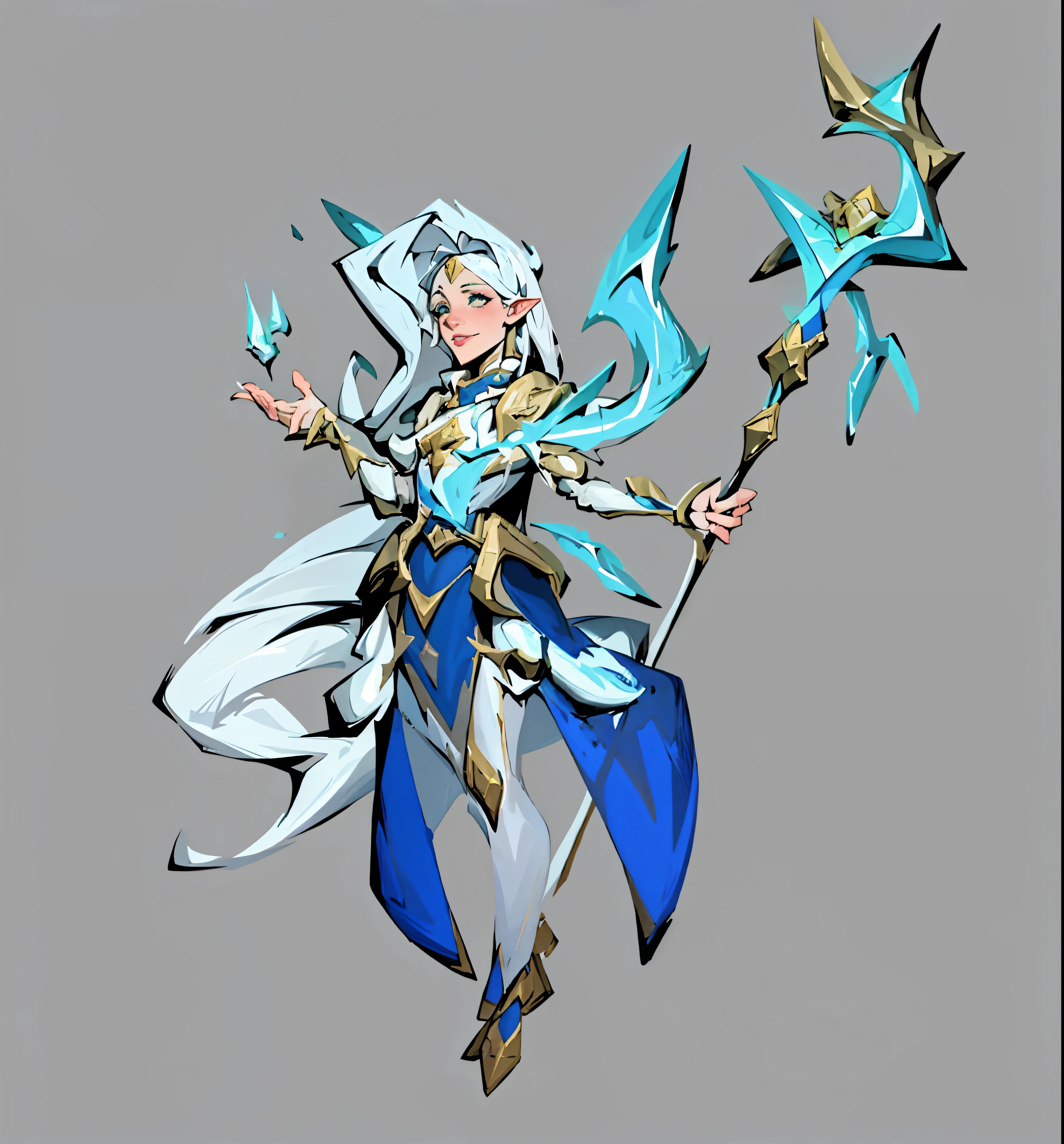 Cartoon image of a woman wearing white and gold clothing holding a stick, female Priest, pretty female Priest, Priest, dressed like a Priest, female mage, female mage!, Epic Mage Girl Character, female earth mage, Witch, portrait of a female mage, Paladin, heavy white and gold armor, picture of Paladin, final fantasy tactical characters，Less characterization，flat，robe，fingers intact