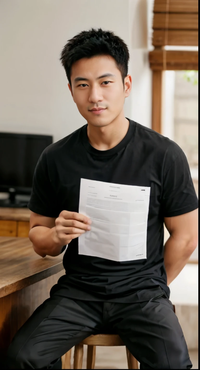 arafed man sitting on a stool holding a piece of paper, wearing a black shirt, he is wearing a black t-shirt, asian male, a handsome man,black short hair, handsome man, wearing white shirt, wearing a black t-shirt