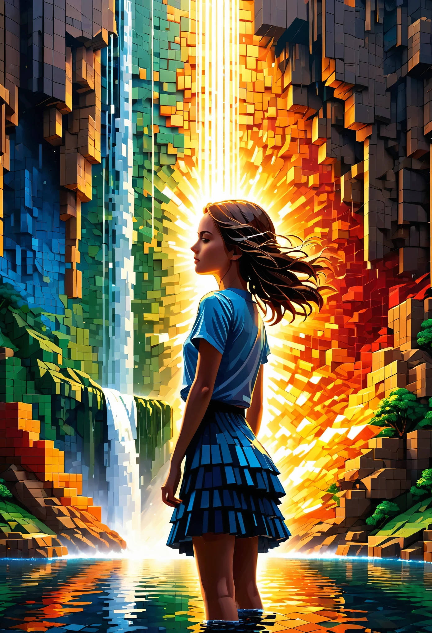 pixel art：1.37，perspective，projection，stack，layered，radioactivity，Fragmentation，lumpy，strength，break out，Fall，Rhythm，building blocks，Inception，chiaroscuro，3D three-dimensional mosaic puzzle，Spliced into a beautiful girl，Shocked，grand scene