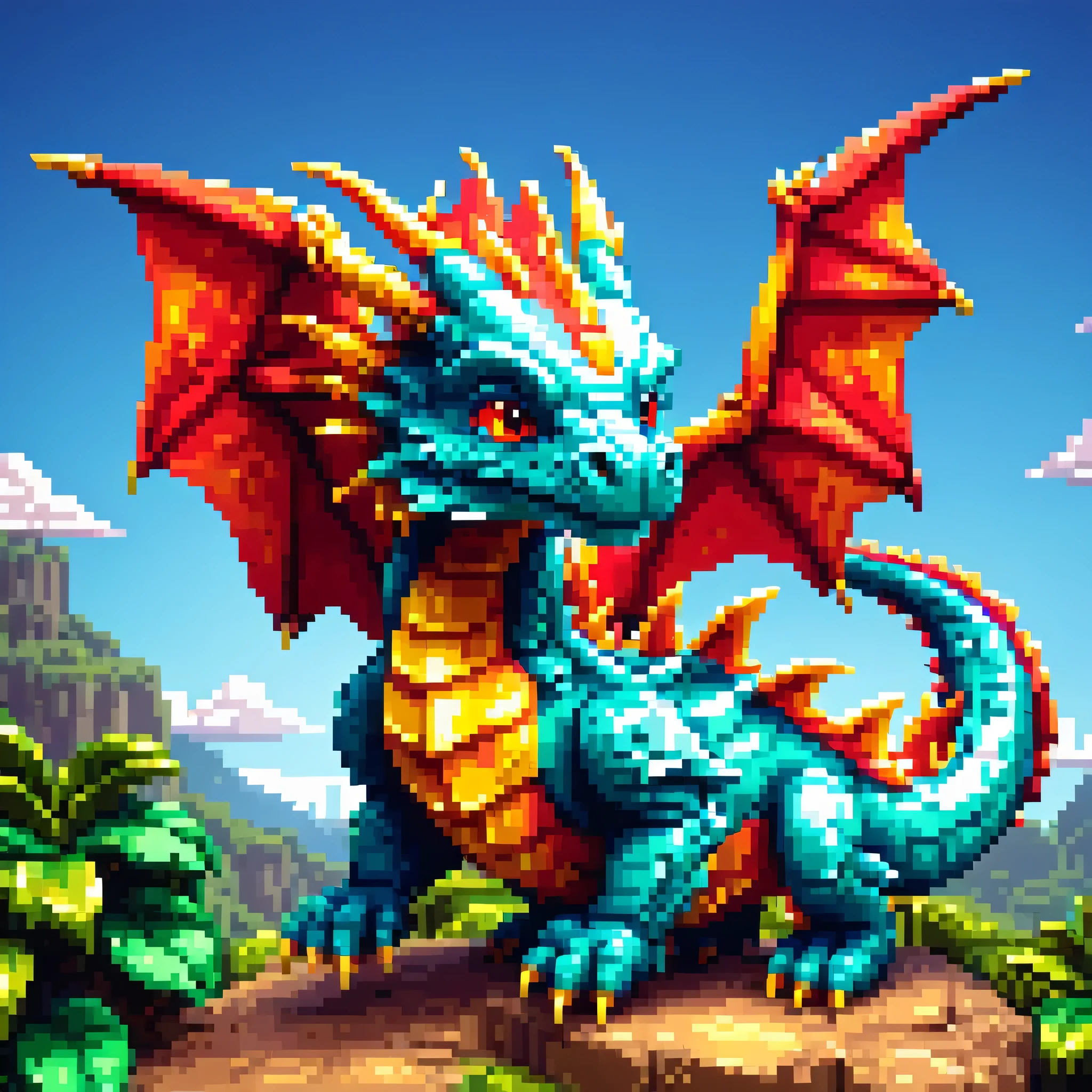 Pixel art,Pixel art,dragon,3D,polygon,Three dimensions,cute,masterpiece,highest quality,In detail,Gracefully,rendering,rich colors,Light and shadow,combat effect,Wind