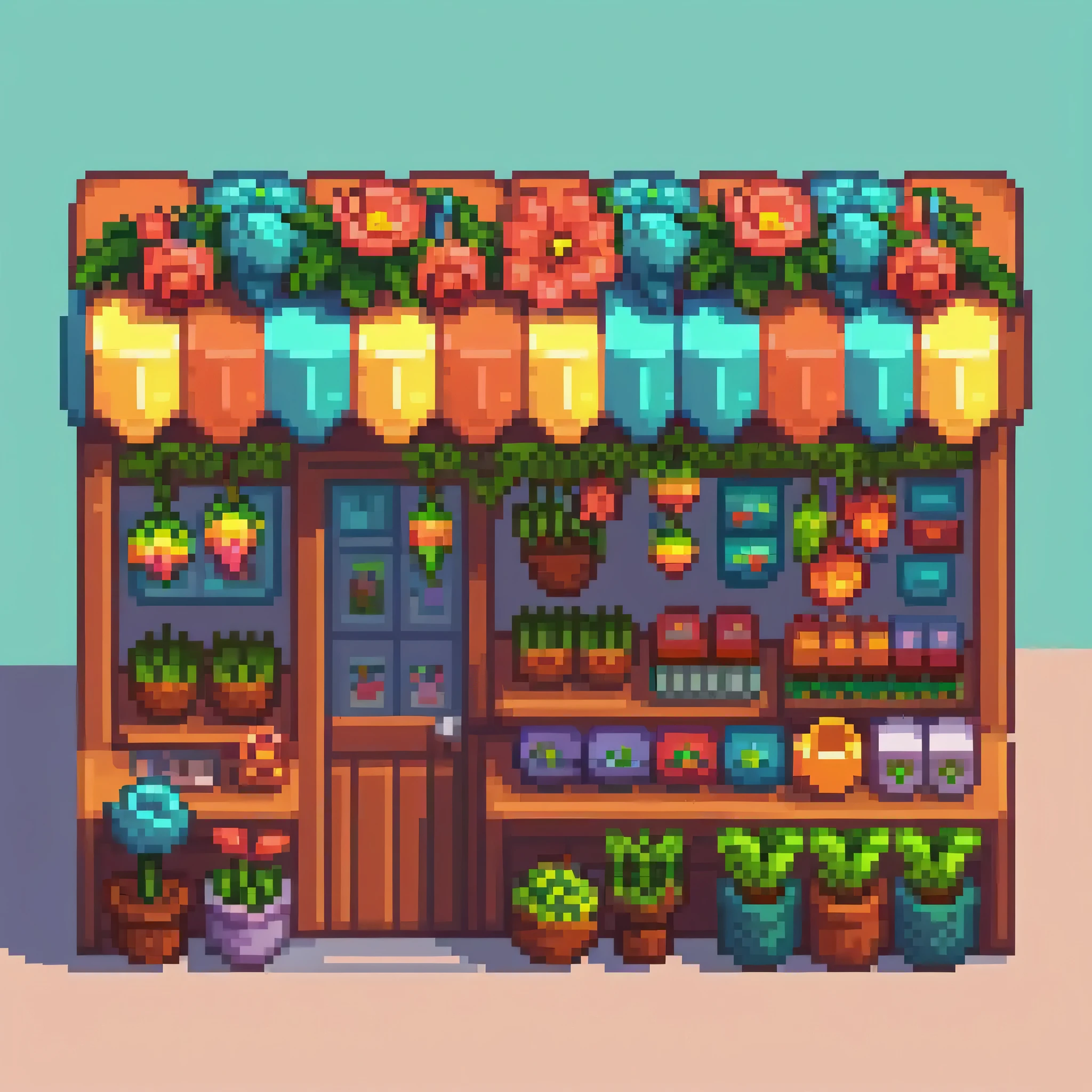 Pixel art,Pixel art,flower shop,View from an angle,3D,polygon,Three dimensions,cute,masterpiece,highest quality,In detail,Gracefully,rendering,rich colors,Light and shadow