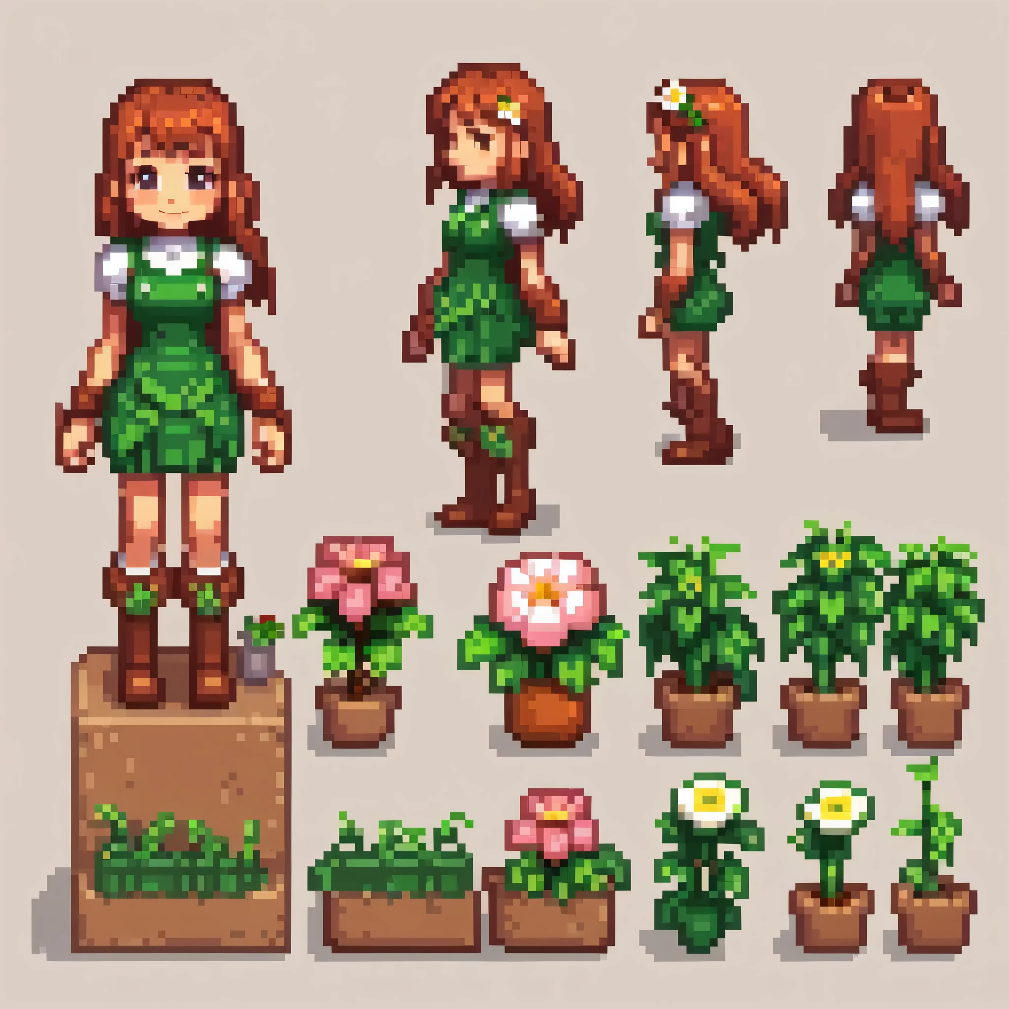 Pixel art,Create an original character design sheet,Game characters,girl,Makina,flower屋さん,((3 views,whole body, background,multiple views,High resolution)),get used to it,multiple views,Active,action pose,dynamic,nice,cute,masterpiece,highest quality,In detail,Gracefully,sketch,sketch,ラフsketch,Pixel art,flower,flower pot,flower壇,Jouro,Fertilizer bags,flower瓶