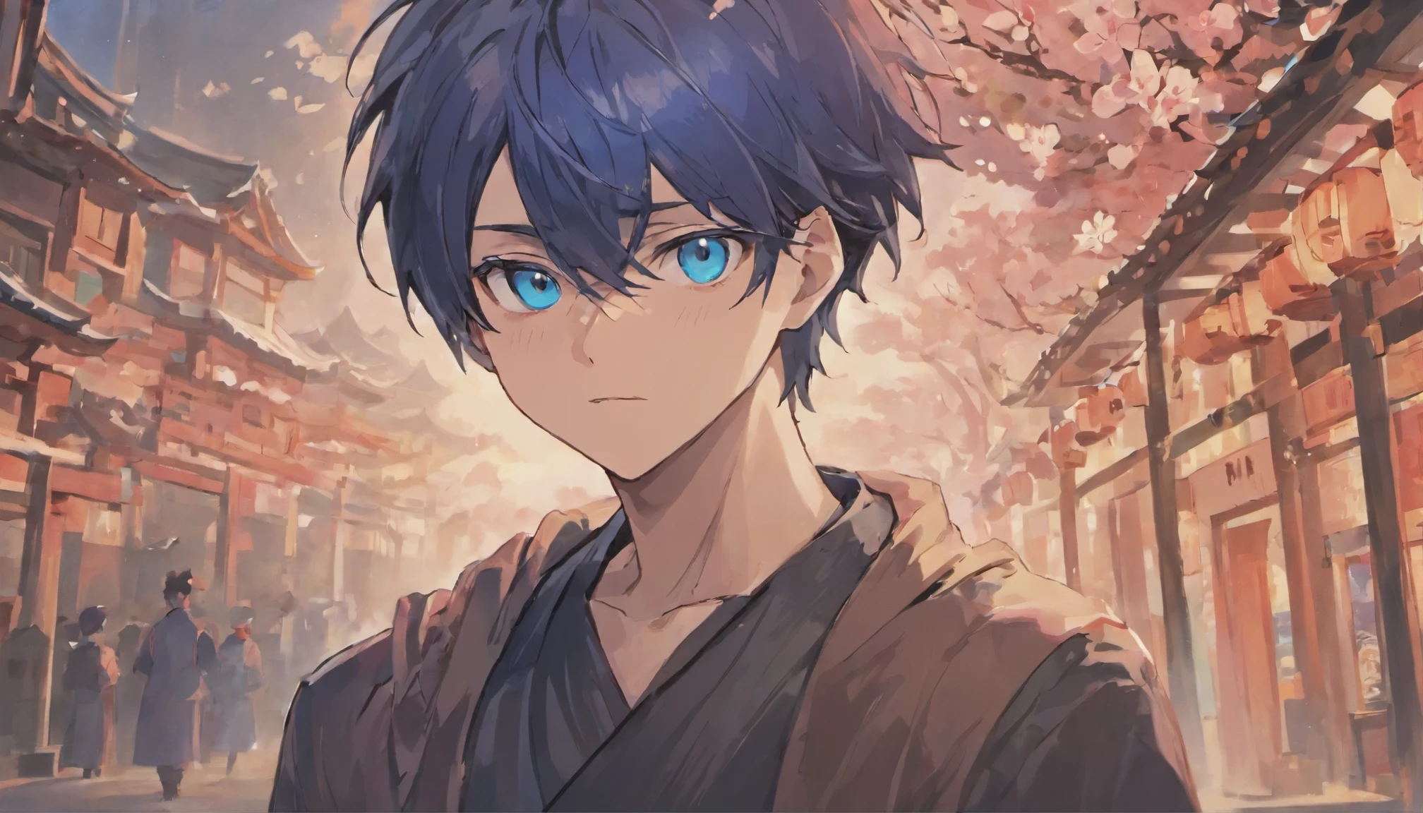 anime boy with blue eyes and a black shirt, blue eyes을 가진 키 큰 애니메이션 남자, inspired by Okumura Masanobu, inspired by Okumura Togyu,
young anime man, Animation Moe Artstyle, anime handsome man,
anime boy, Animated portrait of a handsome man, male anime character, 2D animation style, handsome anime pose, attractive, elegant, blue eyes, Cartoon illustration of a boy, virtual youtuber, navy hair, anime boy, illustration, inspired by Okumura Masanobu, inspired by Okumura Togyu, Panorama, japanese style building, mountain, light turquoise, dark pink, vibrant, eye-catching, Traditional Animation, dynamic movement, Cherry Blossom, shaking tree, layered image, travel, adventure, immersive, vintage charm, classic japanese art work, Contemporary Aesthetics, virtual personality.