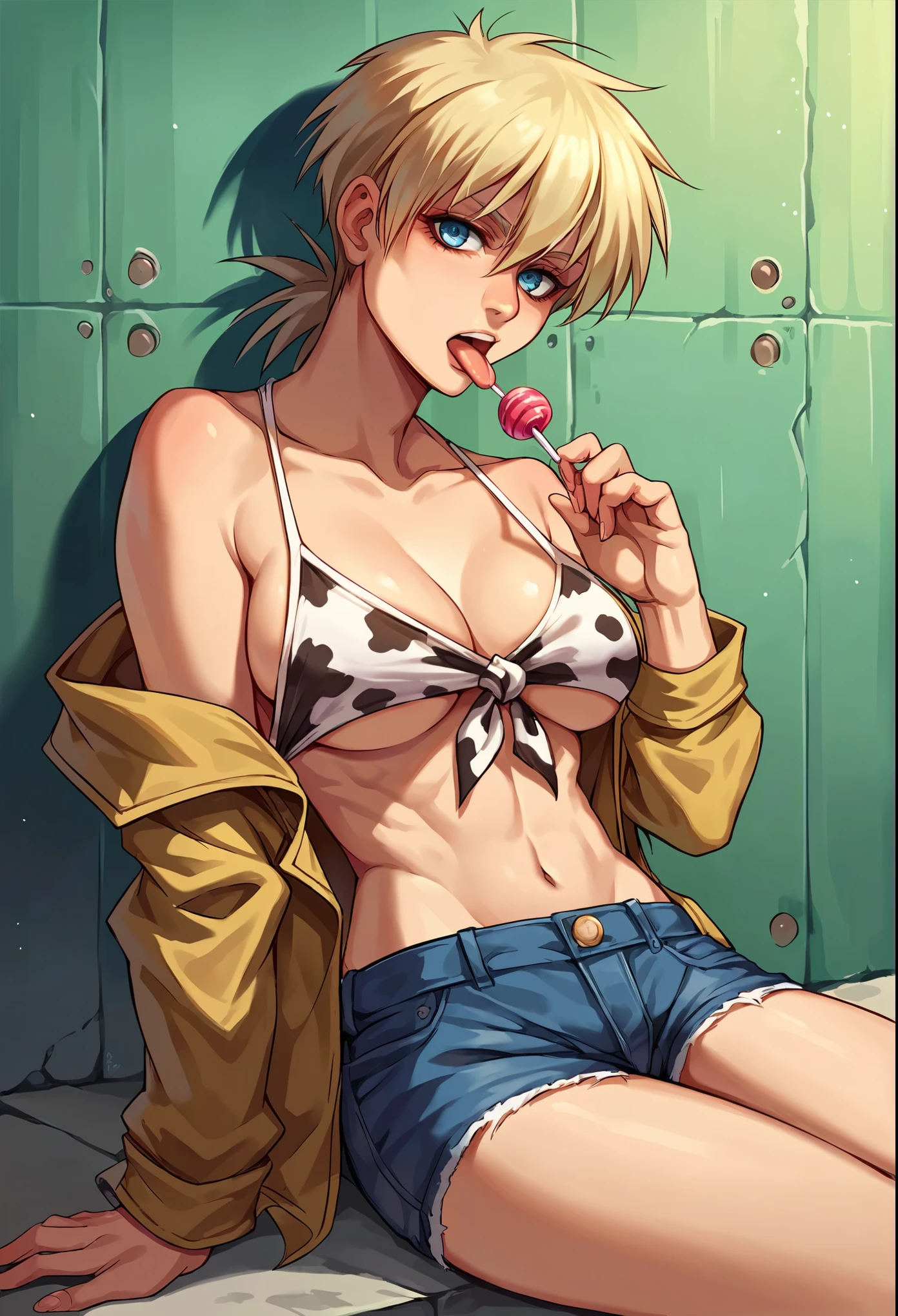 score_9, score_8_up, score_7_up, source_anime, 1girl, solo, tied crop top, boob window, cow pattern crop top, no bra, big tits, denim shorts, sitting, glazing lollipop, licking lollipop,  hellsing, seras victoria, front view, looking at viewer