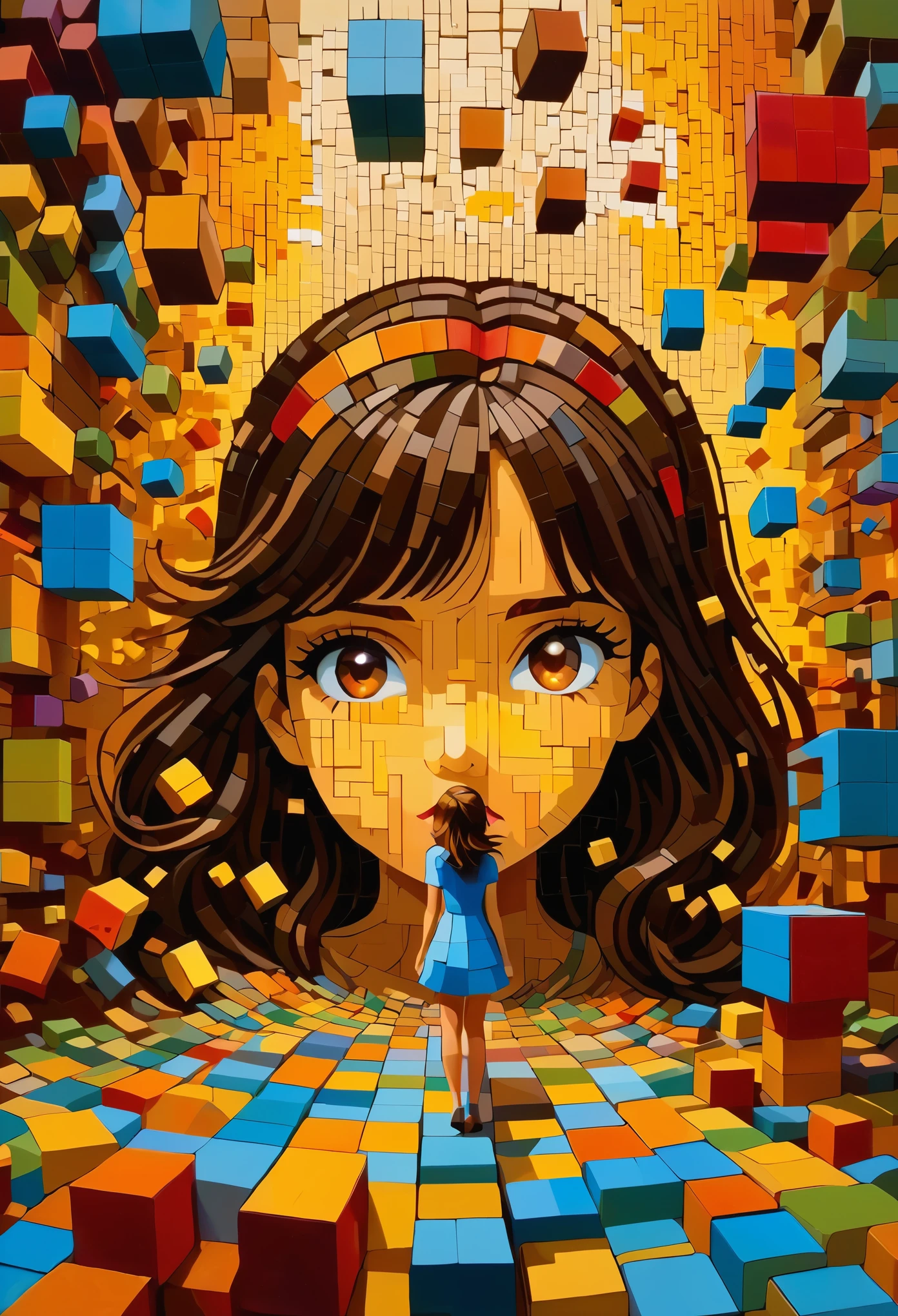 pixel art：1.37，perspective，projection，stack，layered，radioactivity，Fragmentation，lumpy，strength，break out，Fall，Rhythm，building blocks，Inception，chiaroscuro，3D three-dimensional mosaic puzzle，Spliced into a beautiful girl，Shocked，grand scene