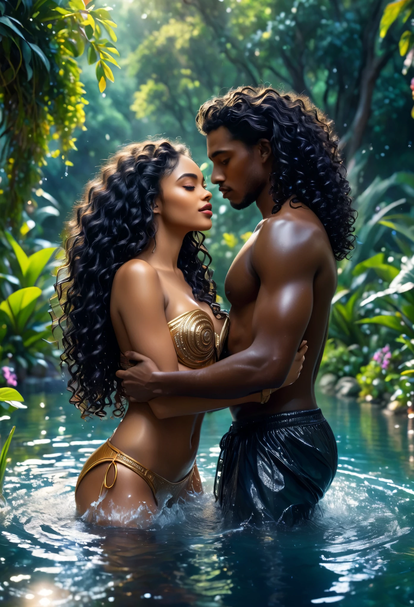 Novel in futurist kingdom of Africa, in the lake and garden, a beautiful young darkskin couple with (((a long black curly hair young Candace))) with (((a young imperial king with curly black hair))), they playing in water, with desire, hot couple, (((very beautiful))), perfect faces, whole body, romantic scene, romantic Way, sexy couple, 8K, extremely detailed, (high quality, realistic, photorealistic: 1.37), Full body, ideal proportions and defined complexion, meticulously crafted features, unreachable beauty, perfection, artistic masterpieces, vivid realism, hyper-detailed sculptures, life-like forms, truly awe-inspiring, impeccable craftsmanship, pure radiance, ethereal beauty, delicate contours, striking poses, sublime beauty, subtle nuances, dynamic compositions, vibrant colors, perfect lighting, soulful expressions, celestial aura, majestic presence, dreamlike atmosphere, unmatched gdetailed octane render trending on artstation, 8 k artistic photography, photorealistic concept art, soft natural volumetric cinematic perfect light, chiaroscuro, award - winning photograph, masterpiece, oil on canvas, beautiful detailed intricate insanely
