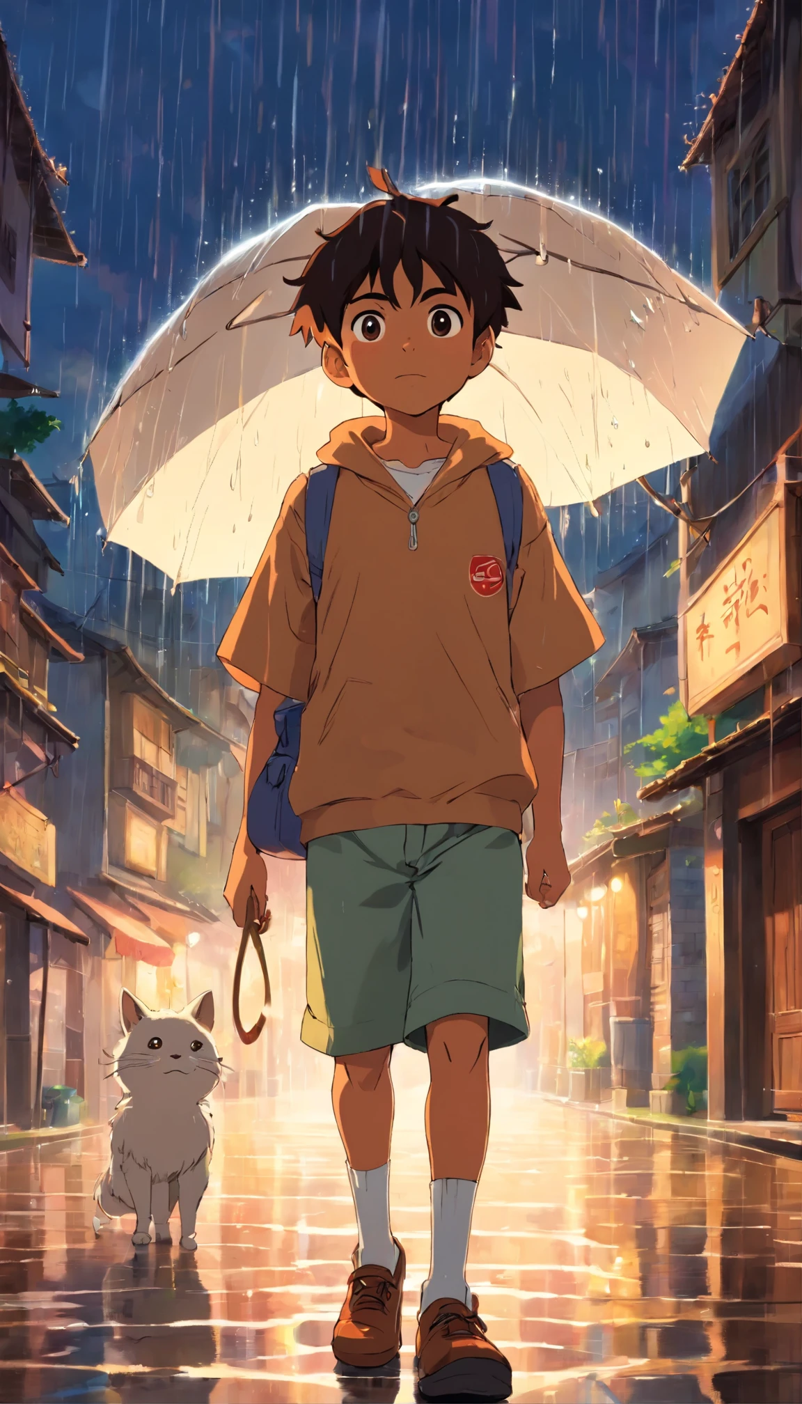 A brown boy with light rain