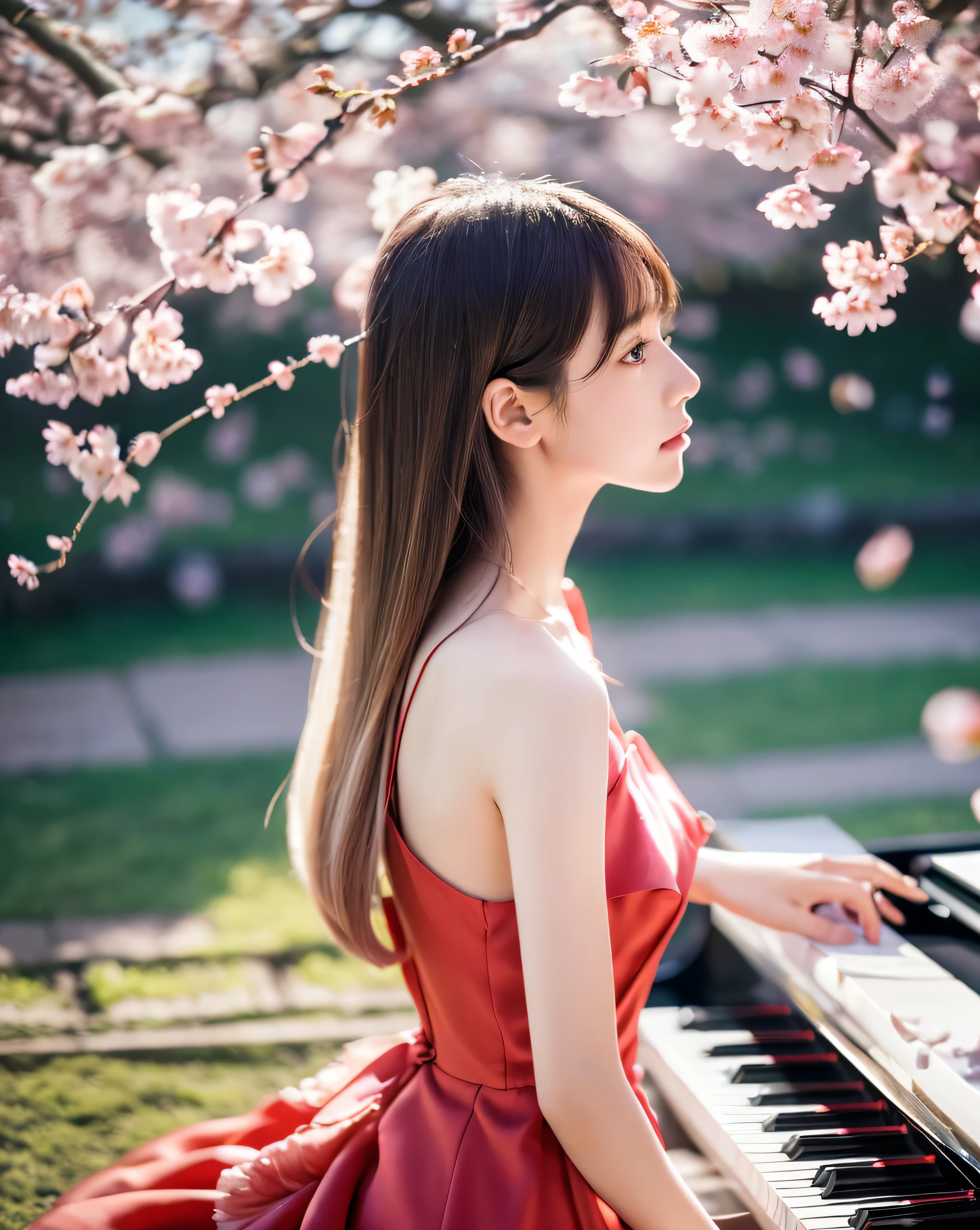 (highest quality, 8k, High resolution, masterpiece:1.5, ), landscape, Haunting fantasy portrait in abstract style, ((In a whirlpool of fantastic pale air and soft light)), Evoking a sense of tranquil serenity and elusive beauty, with amazing details, beautiful japanese woman, 16 years old, ((Shiny platinum blonde thin hair)), Detailed intricate hair, Super Long Straight Silk Hair, asymmetrical bangs, Magical beautiful eyes, Moist black eyes, A fleeting expression, Serious profile, smooth and soft skin, thin eyebrows, clear double eyelids, pale pink lips, ((red dress)), High resolutionの完璧な鎖骨, High resolutionの美しい胸元, slender body shape, High resolutionの美しい太もも, ((Playing a high-class piano that glows black with a single large cherry tree, professional pianist)), In the sunlight filtering through the spring leaves, A well-maintained grassland that extends to the horizon, , (The falling cherry blossom petals shine beautifully:1.4)professional lighting, professional photographer, Professional models,mysterious