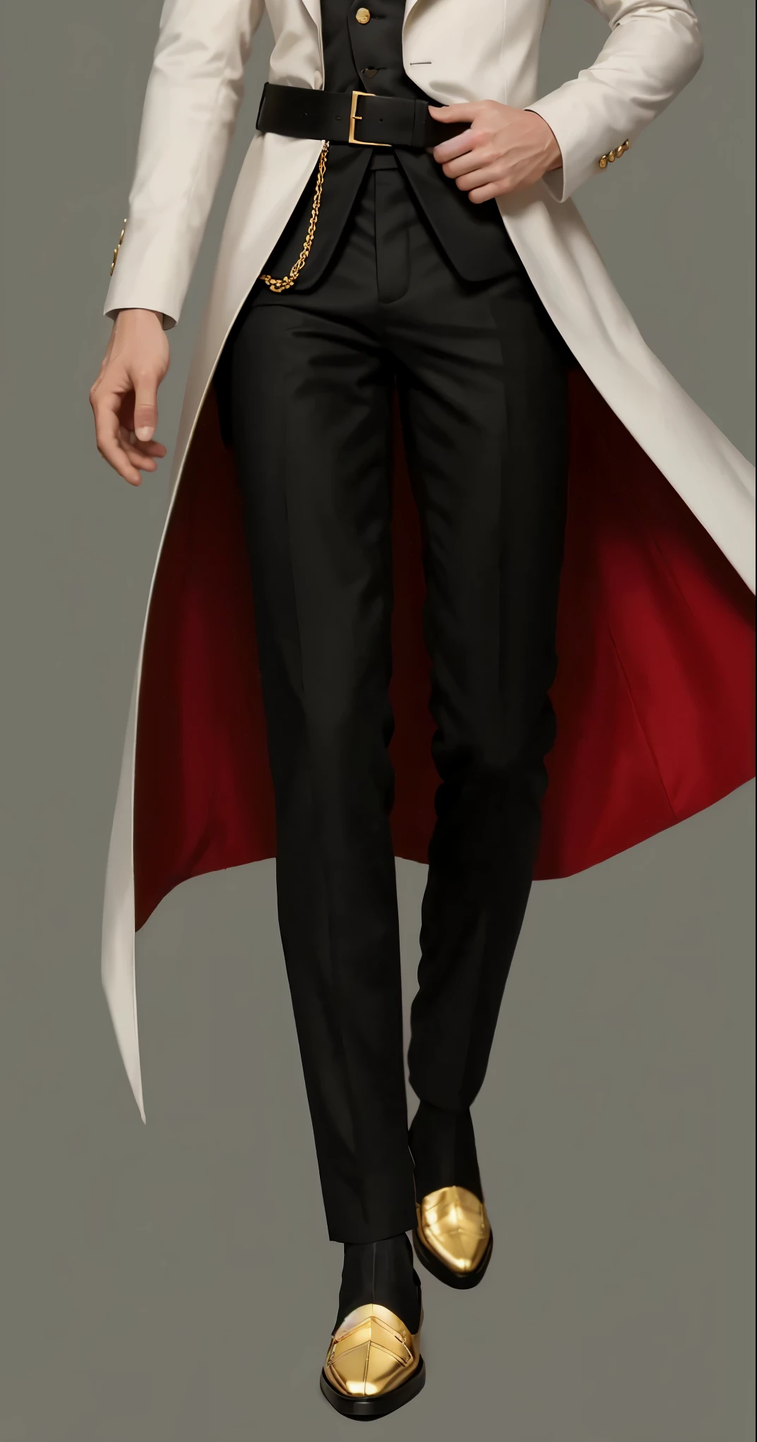 reference sheet: 1.8, great details, high quality, masterful work, Tall Boy, Beautiful face, long pants, art in bootasterpiece, A high resolution, high quality: 1.2), complex parts, cinematic lighting, clear focus, depth of field, White coat, black pants, black shoes with gold toe, Gold Elements, brunette, an aristocrat, black and gold men's shoes