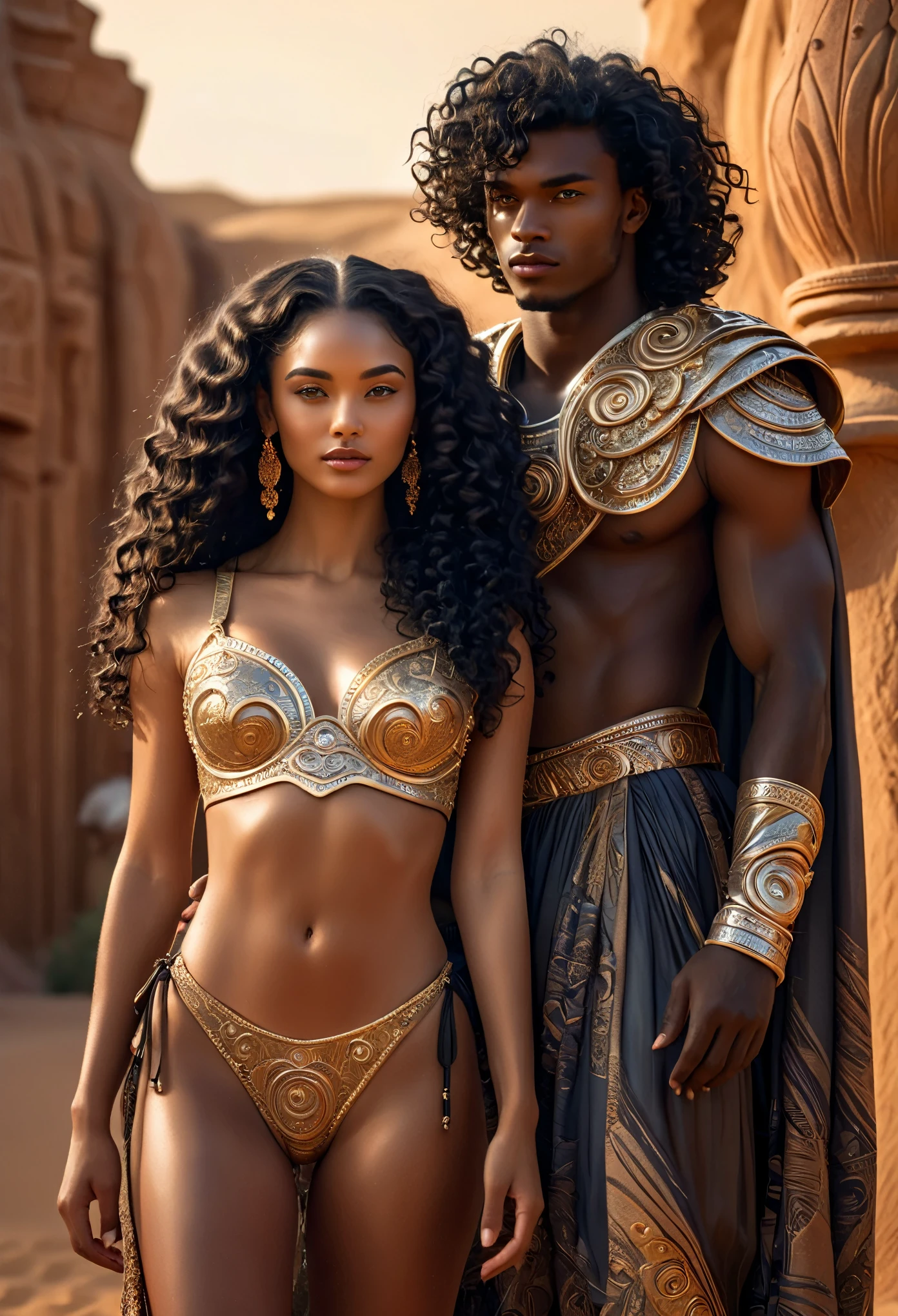 Novel in futurist kingdom of Africa, in the desert, a beautiful young darkskin couple with (((a long black curly hair young Candace))) with (((a young imperial king with curly black hair))), with desire, hot couple, (((very beautiful))), perfect faces, whole body, romantic scene, romantic Way, sexy couple, 8K, extremely detailed, (high quality, realistic, photorealistic: 1.37), Full body, ideal proportions and defined complexion, meticulously crafted features, unreachable beauty, perfection, artistic masterpieces, vivid realism, hyper-detailed sculptures, life-like forms, truly awe-inspiring, impeccable craftsmanship, pure radiance, ethereal beauty, delicate contours, striking poses, sublime beauty, subtle nuances, dynamic compositions, vibrant colors, perfect lighting, soulful expressions, celestial aura, majestic presence, dreamlike atmosphere, unmatched gdetailed octane render trending on artstation, 8 k artistic photography, photorealistic concept art, soft natural volumetric cinematic perfect light, chiaroscuro, award - winning photograph, masterpiece, oil on canvas, beautiful detailed intricate insanely