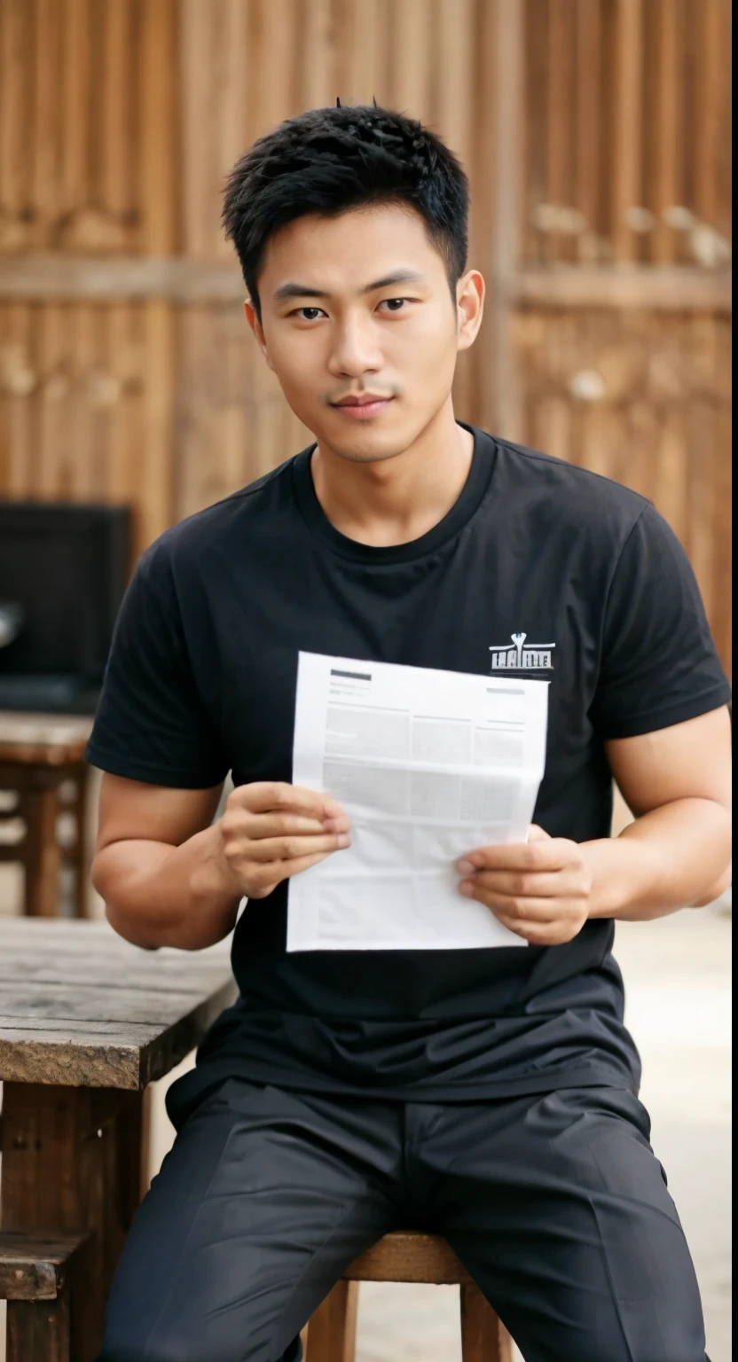 Indonesian man sitting on a stool holding a piece of paper, wearing a black shirt, he is wearing a black t-shirt, Indonesian male, a handsome man,black short hair, handsome man, wearing blue shirt, wearing a blue t-shirt