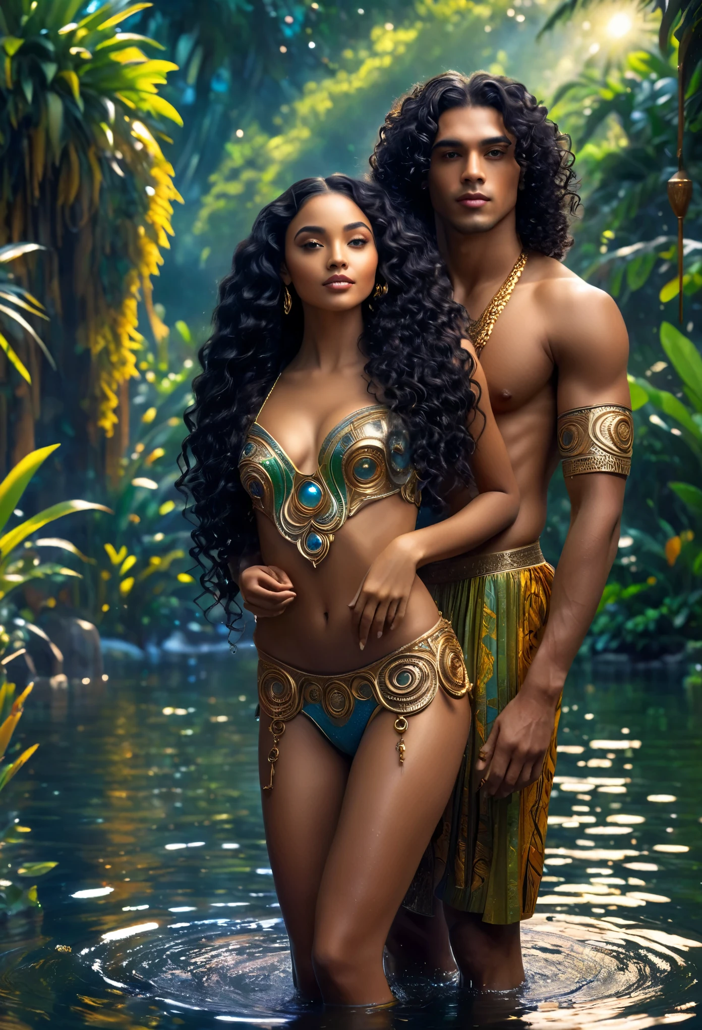 Novel in futurist kingdom of Africa, in the lake, a beautiful young brown skin couple with (((a long black curly hair young Candace))) with (((a young imperial king with curly black hair))), with desire, hot couple, (((very beautiful))), perfect faces, whole body, romantic scene, romantic Way, sexy couple, 8K, extremely detailed, (high quality, realistic, photorealistic: 1.37), Full body, ideal proportions and defined complexion, meticulously crafted features, unreachable beauty, perfection, artistic masterpieces, vivid realism, hyper-detailed sculptures, life-like forms, truly awe-inspiring, impeccable craftsmanship, pure radiance, ethereal beauty, delicate contours, striking poses, sublime beauty, subtle nuances, dynamic compositions, vibrant colors, perfect lighting, soulful expressions, celestial aura, majestic presence, dreamlike atmosphere, unmatched gdetailed octane render trending on artstation, 8 k artistic photography, photorealistic concept art, soft natural volumetric cinematic perfect light, chiaroscuro, award - winning photograph, masterpiece, oil on canvas, beautiful detailed intricate insanely
