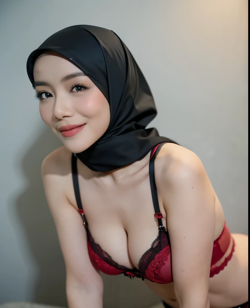 Malay girl in hijab wearing sexy red color satin bra and panties, portrait photography, mid shot photo, ultra detail, professional photograph with professional lighting, smile, light blue studio background, sexy seducing pose, curvy