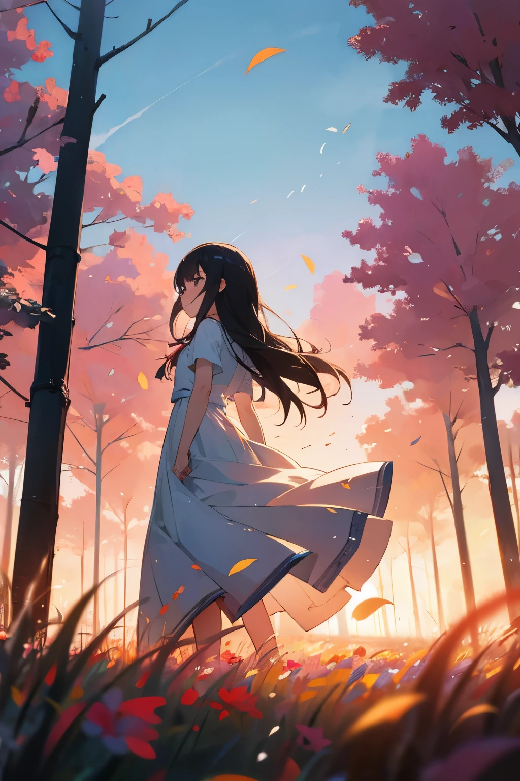 anime girl with white dress walking in a field of flowers with sunrise lighting with trees in the background