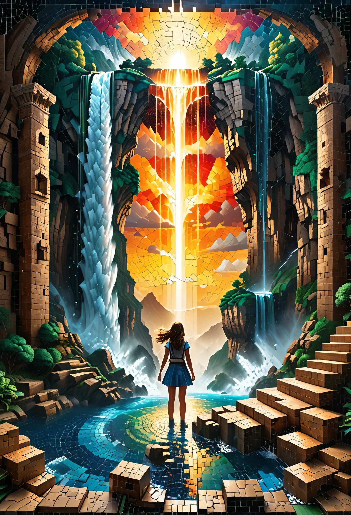 pixel art：1.37，perspective，projection，stack，layered，radioactivity，Fragmentation，lumpy，strength，break out，Fall，Rhythm，building blocks，Inception，chiaroscuro，3D three-dimensional mosaic puzzle，Spliced into a beautiful girl，Shocked，grand scene