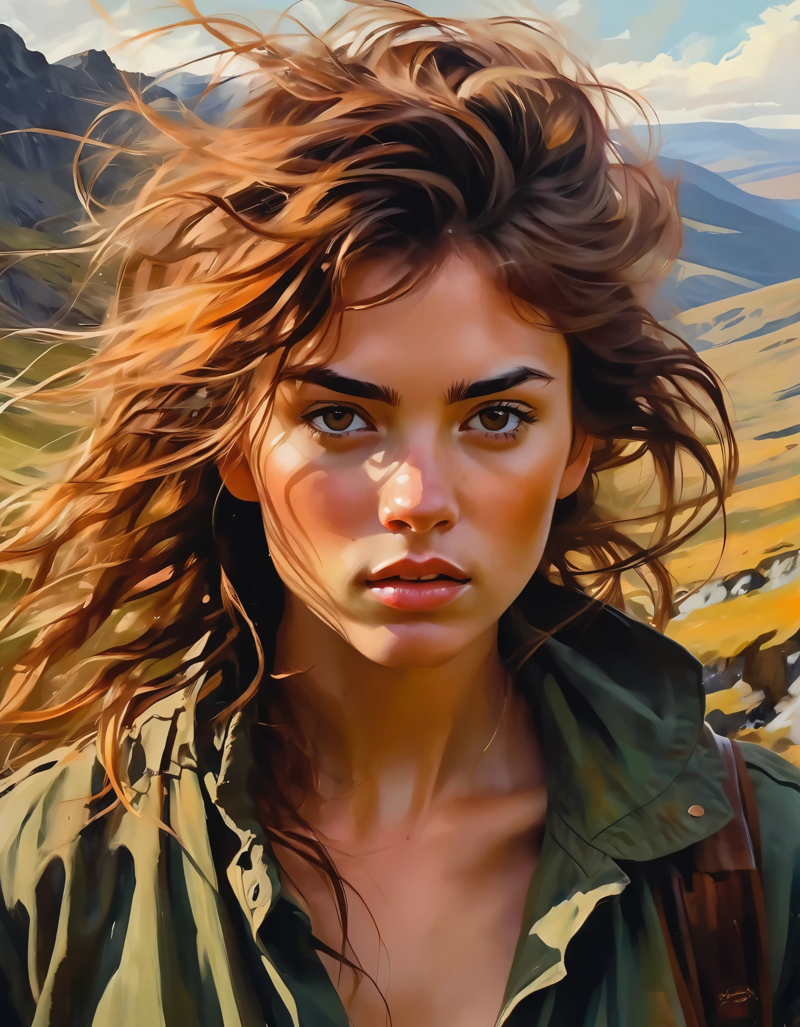 A wild and untamed beauty with windswept hair and feral eyes, set against a backdrop of untamed wilderness and rugged landscapes. Rendered in the style of Romanticism, her form is dynamic and expressive, with bold brushstrokes and dramatic lighting that capture the raw power of nature.