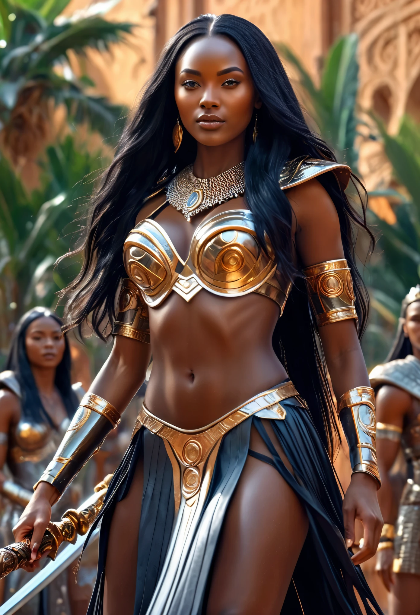 Novel in futurist kingdom of kemet, a man and a woman, a beautiful young darkskin couple with (((a long black hair young queen))) with (((a young imperial king with long black hair))), fighting with luminous swords and lances, (((very beautiful))), perfect faces, whole body, romantic scene, romantic Way, sexy couple, 8K, extremely detailed, (high quality, realistic, photorealistic: 1.37), Full body, ideal proportions and defined complexion, meticulously crafted features, unreachable beauty, perfection, artistic masterpieces, vivid realism, hyper-detailed sculptures, life-like forms, truly awe-inspiring, impeccable craftsmanship, pure radiance, ethereal beauty, delicate contours, striking poses, sublime beauty, subtle nuances, dynamic compositions, vibrant colors, perfect lighting, soulful expressions, celestial aura, majestic presence, dreamlike atmosphere, unmatched gdetailed octane render trending on artstation, 8 k artistic photography, photorealistic concept art, soft natural volumetric cinematic perfect light, chiaroscuro, award - winning photograph, masterpiece, oil on canvas, beautiful detailed intricate insanely
