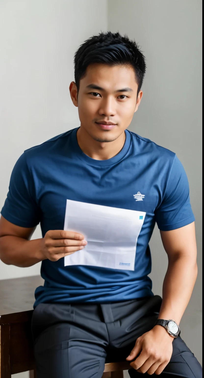 Indonesian man sitting on a stool holding a piece of paper, he is wearing a blue t-shirt, Indonesian male, a handsome man，black short hair, handsome man, (((wearing blue shirt))), wearing a blue t-shirt