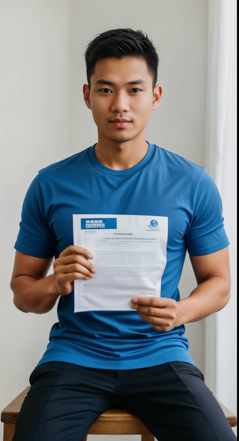 Indonesian man sitting on a stool holding a piece of paper, he is wearing a blue t-shirt, Indonesian male, a handsome man，black short hair, handsome man, (((wearing blue shirt))), wearing a blue t-shirt