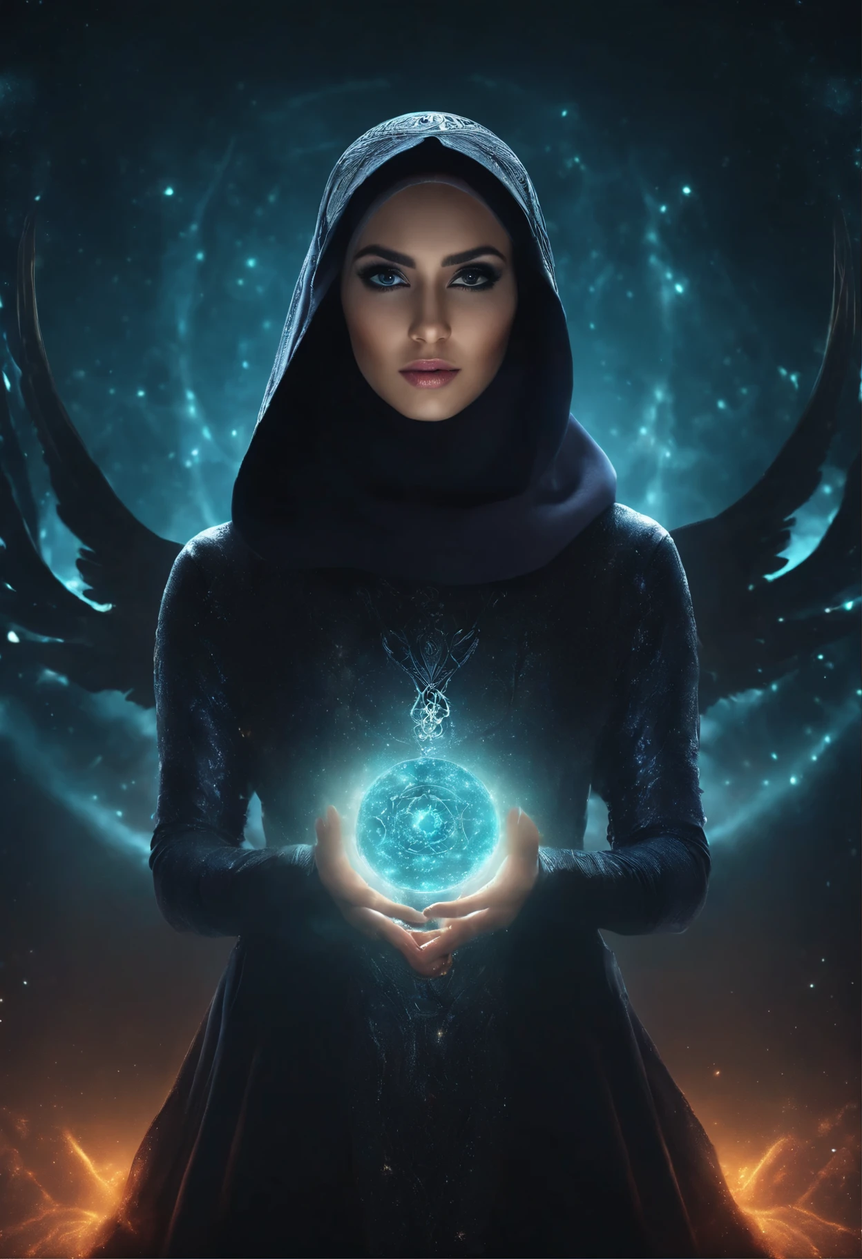 Hijab woman, Cosmic Fallen Angel, glowing light eyes, Biomechanical, eerie, Creepy, nightmarish, Very bright colors, Light particles, with light glowing, Mshiff, wallpaper art, UHD wallpaper