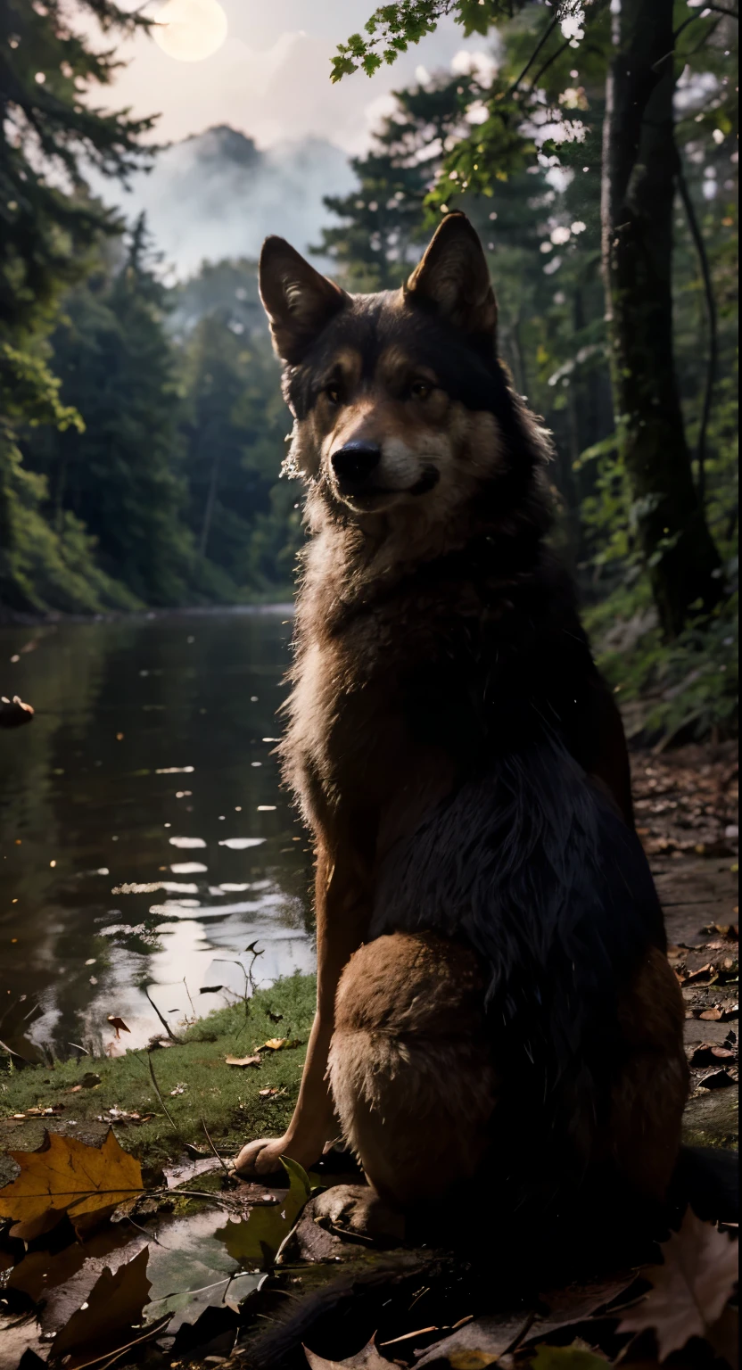 (best quality,photorealistic,masterpiece:1.2),ultra-detailed,high-res,appalachian wolf,male wolf,forest,appalachia,greenery,foggy atmosphere,moonlit night,silent,peaceful,dense trees,misty landscape,ethereal surroundings,serene ambiance,subtle shadows,hidden wildlife,natural habitat,secluded location,pristine environment,alpha predator,keen eyes,sharp teeth,strong and majestic,dignified posture,proud and confident,sturdy body,thick fur,maple leaves,fallen branches,rays of moonlight,tranquil reflection,still lake,crisp air,autumnal colors,calm demeanor,intense gaze,indigo sky,serene moon,harmony with nature