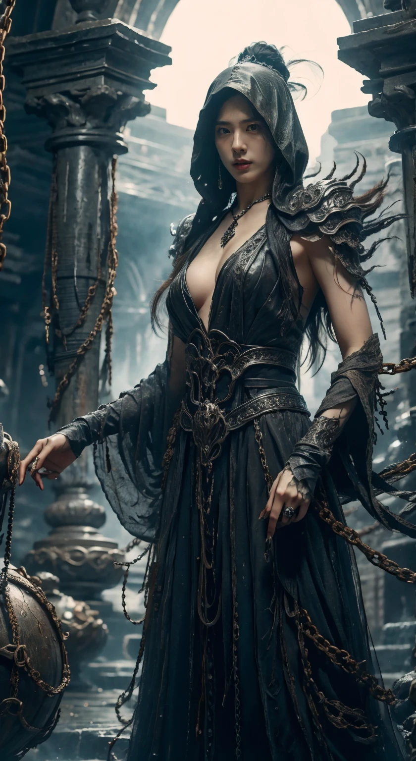 Generate hyper realistic image of a chilling scene featuring a monstrous figure, hooded and mysterious, with yellow eyes that pierce through the darkness. The focus is on a girl adorned with jewelry – rings, necklaces, and chains. The malevolent stare of the monster is fixed on her, capturing a tense moment. The girl's black nail polish, multiple rings, and a tattoo add to the eerie ambiance as the monster's teeth are revealed in a sinister grin.