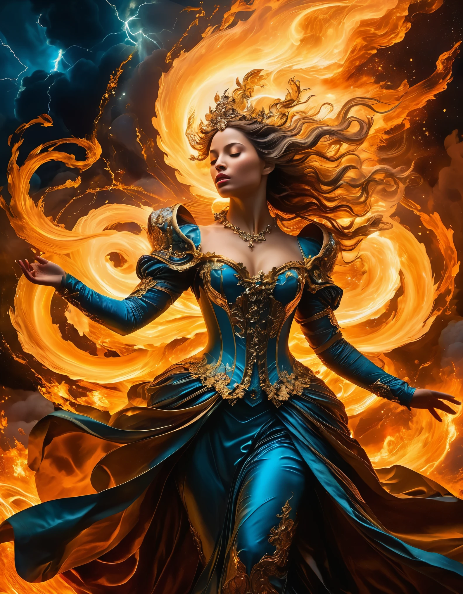 A divine figure with swirling storms and raging fires at her command, set against a backdrop of elemental chaos and cosmic energy. Inspired by Baroque art, her form is grand and majestic, with sweeping gestures and dynamic composition that evoke the power of the divine.