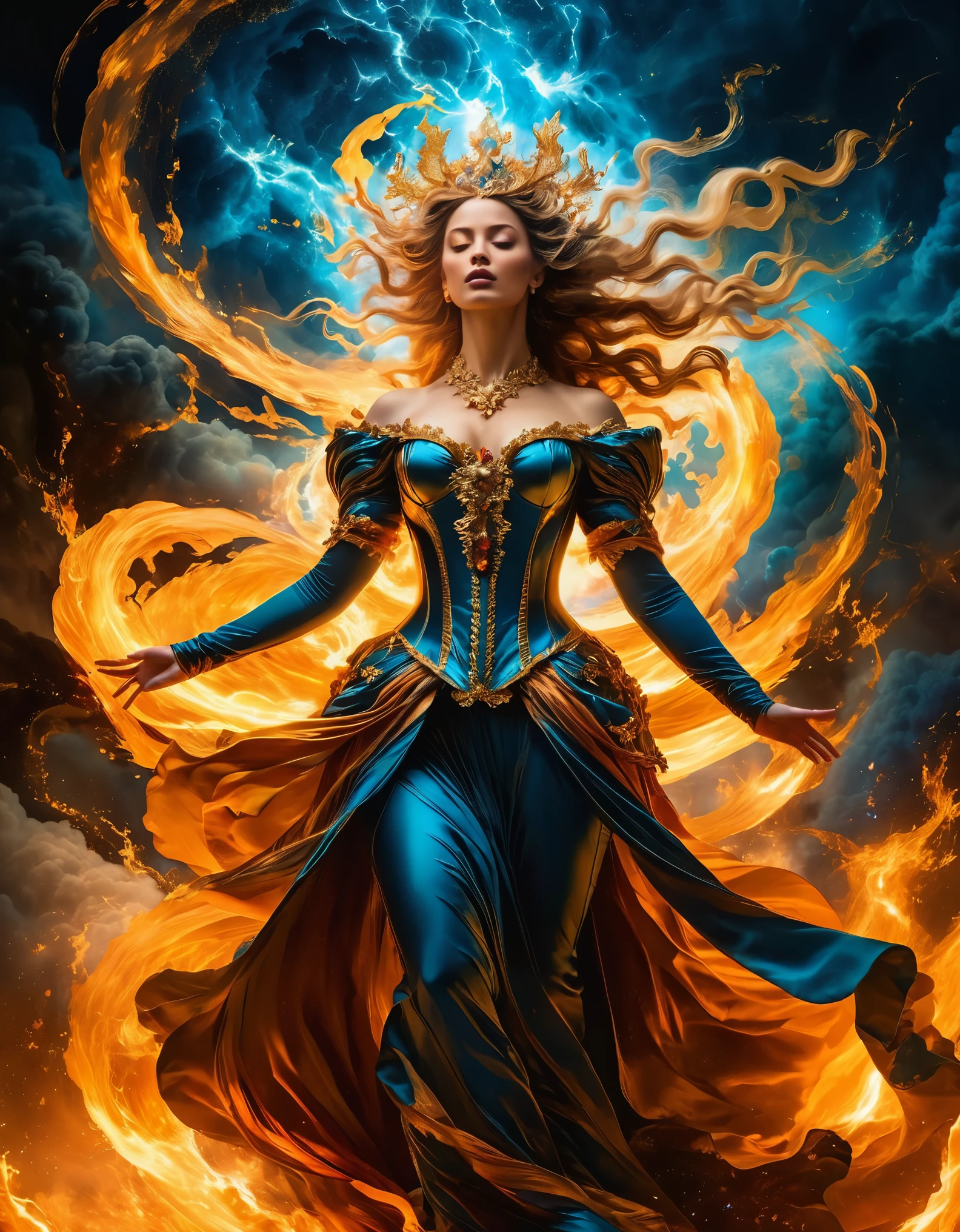 A divine figure with swirling storms and raging fires at her command, set against a backdrop of elemental chaos and cosmic energy. Inspired by Baroque art, her form is grand and majestic, with sweeping gestures and dynamic composition that evoke the power of the divine.