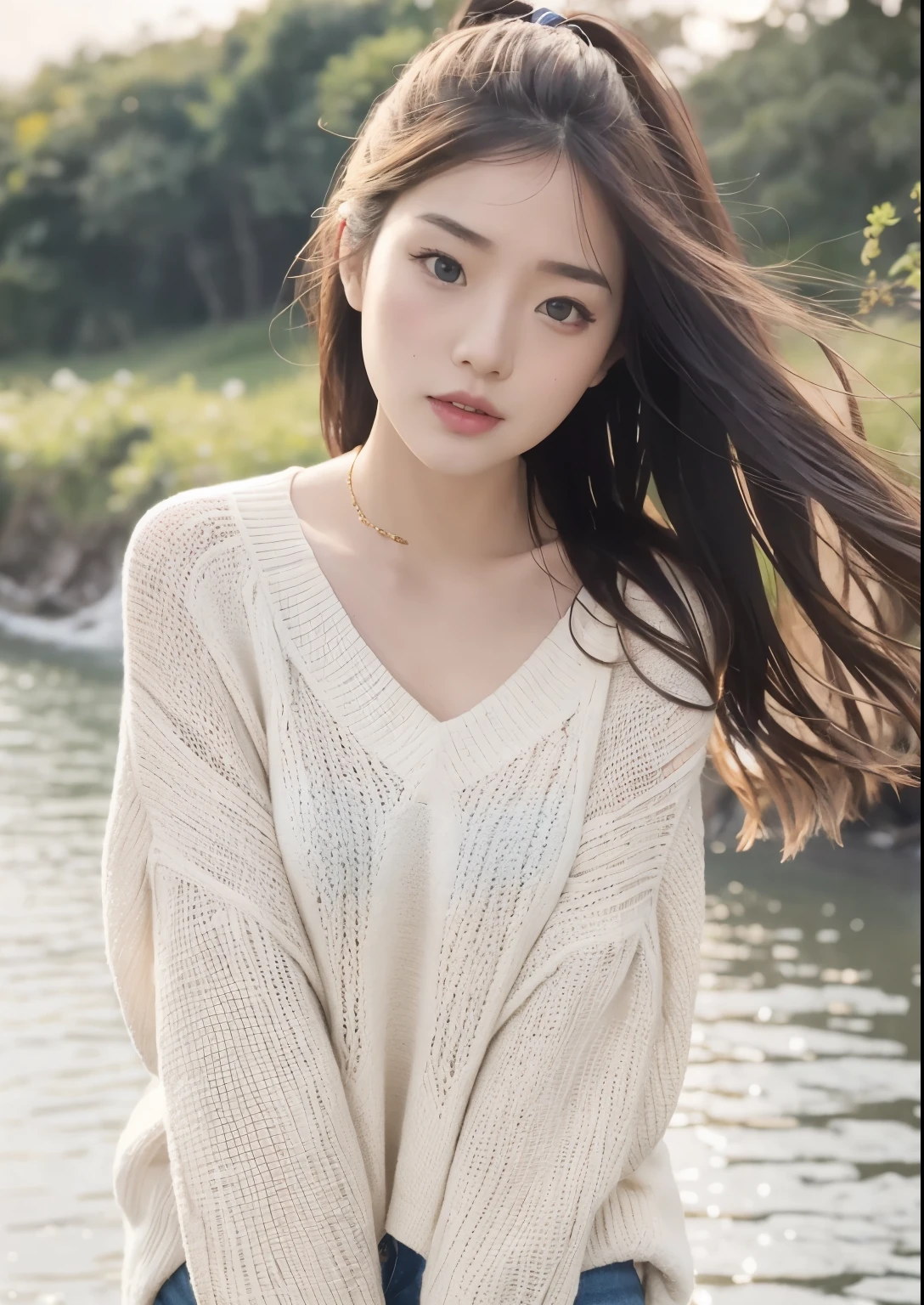 (NSFW)、Girl walking on the river、mix4、Sweaters、s lips、open_mouth、realisitic、(masterpiece)、(Realism:1.3)、The ultra-detailliert、(highdetailskin:1.2)、(top-quality:1.0)、(ultra res:1.0)、Wavy detail hair、Long、sun shine、(Beautiful detail makeup)、(sexual excitement、heavy breath:1.0)、Flower-themed petals scattered、 (Soft Light Bloom:0.5)、((cammel toe))