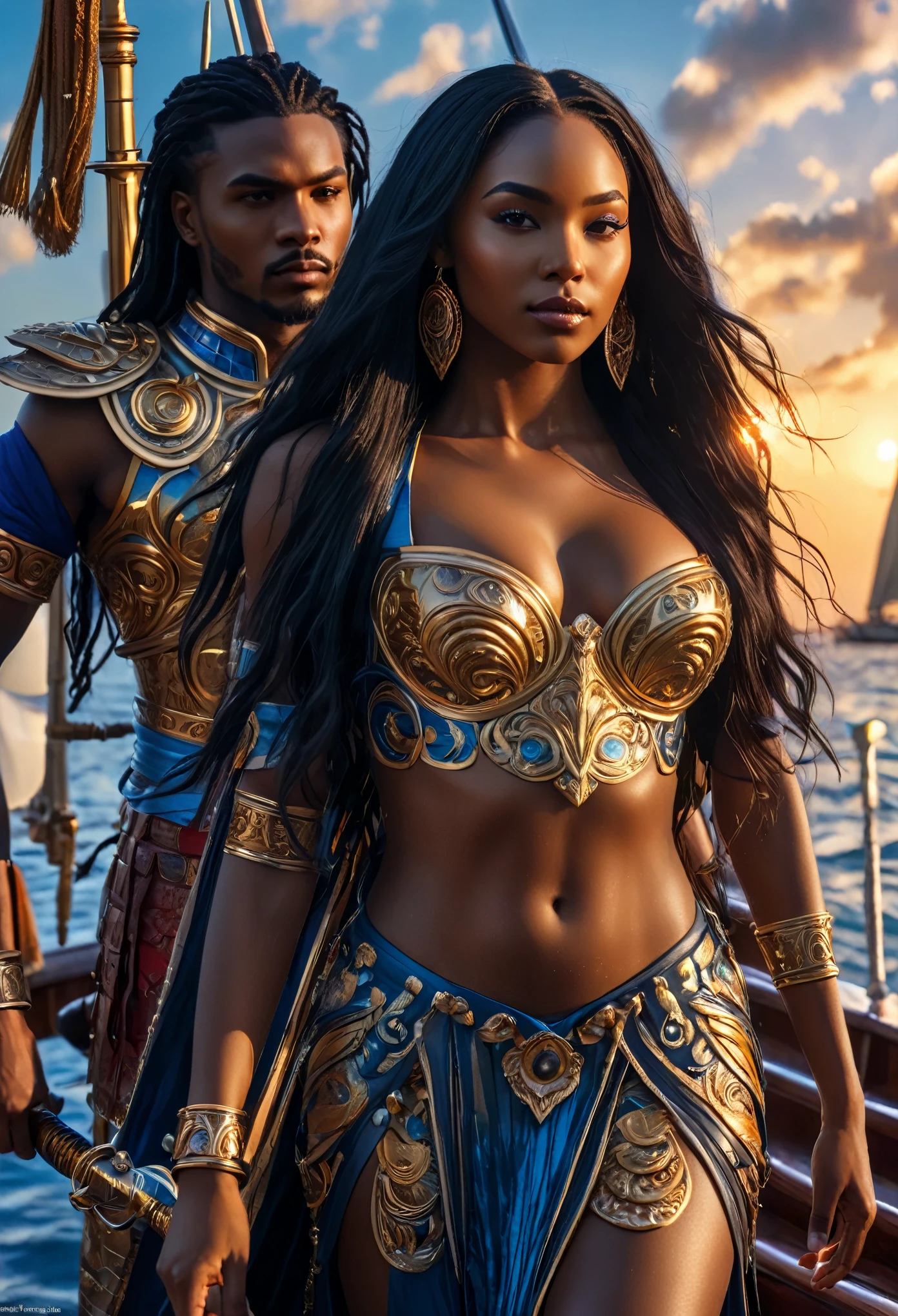 Novel in futurist kingdom of Ashanti, on a boat, a man and a woman, a beautiful young darkskin couple with (((a long black hair young queen))) with (((a young imperial king with long black hair))), fighting with luminous swords and lances, (((very beautiful))), perfect faces, whole body, romantic scene, romantic Way, sexy couple, 8K, extremely detailed, (high quality, realistic, photorealistic: 1.37), Full body, ideal proportions and defined complexion, meticulously crafted features, unreachable beauty, perfection, artistic masterpieces, vivid realism, hyper-detailed sculptures, life-like forms, truly awe-inspiring, impeccable craftsmanship, pure radiance, ethereal beauty, delicate contours, striking poses, sublime beauty, subtle nuances, dynamic compositions, vibrant colors, perfect lighting, soulful expressions, celestial aura, majestic presence, dreamlike atmosphere, unmatched gdetailed octane render trending on artstation, 8 k artistic photography, photorealistic concept art, soft natural volumetric cinematic perfect light, chiaroscuro, award - winning photograph, masterpiece, oil on canvas, beautiful detailed intricate insanely
