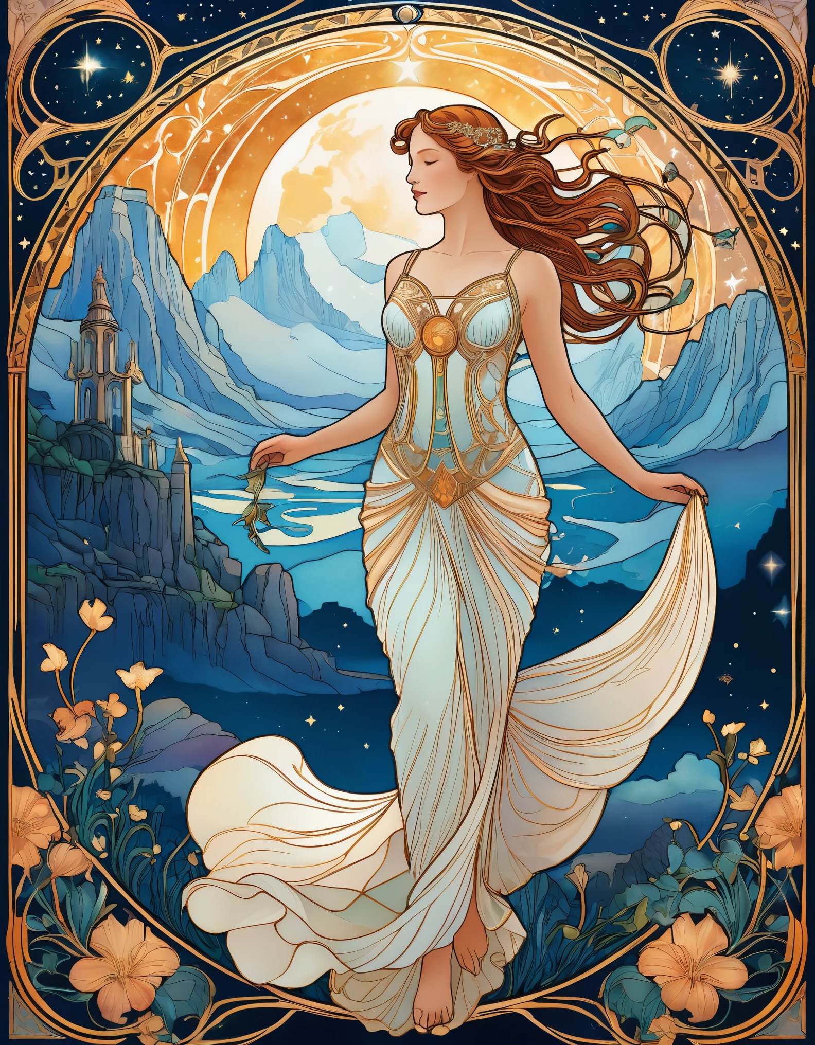 A legendary beauty with tales of adventure written in the stars, set against a backdrop of ancient mythology and epic landscapes. Rendered in the style of Art Nouveau, her form is graceful and ethereal, with flowing lines and intricate details that evoke the timeless beauty of myth and legend.